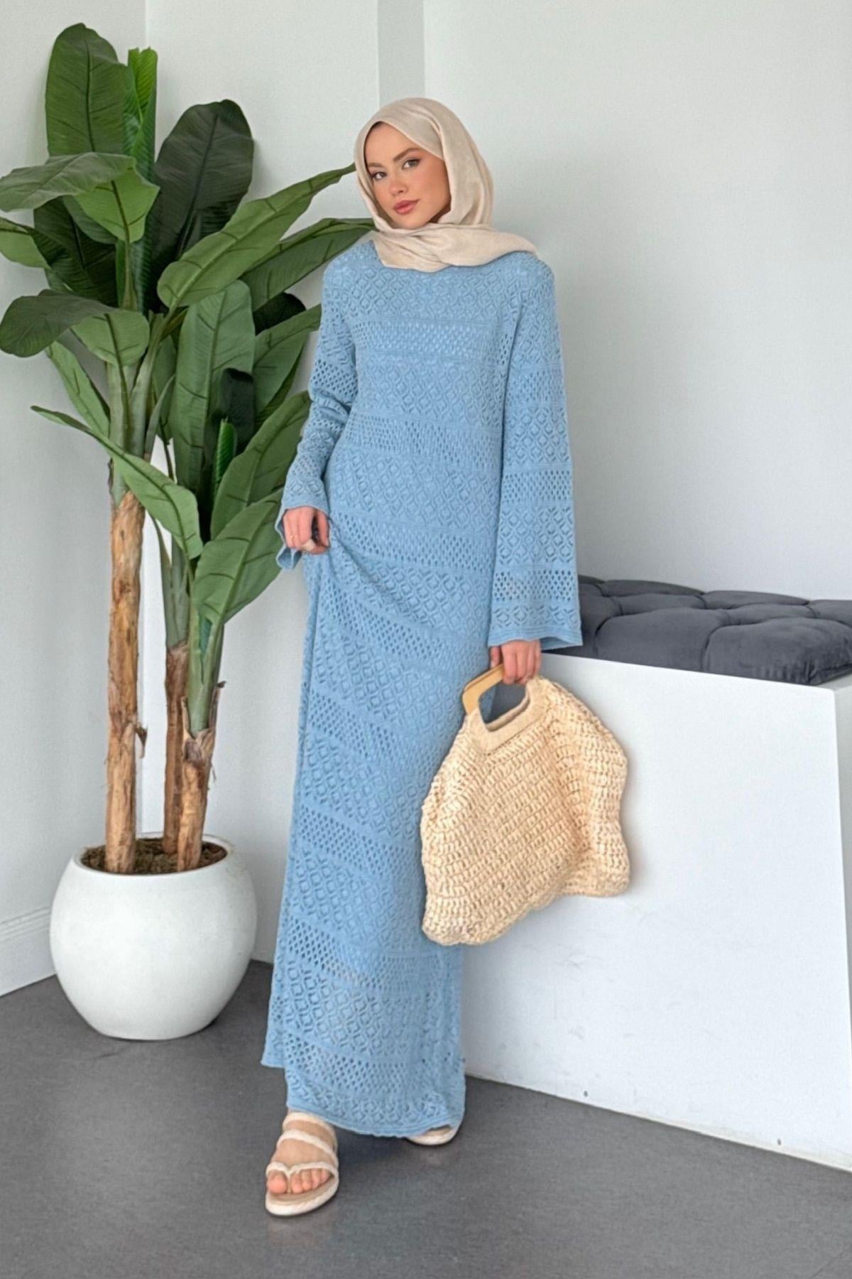 Ajur Örme Elbise Mavi, Fiyatları 