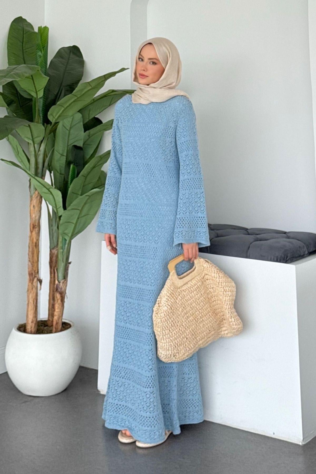 Ajur Örme Elbise Mavi, Fiyatları 