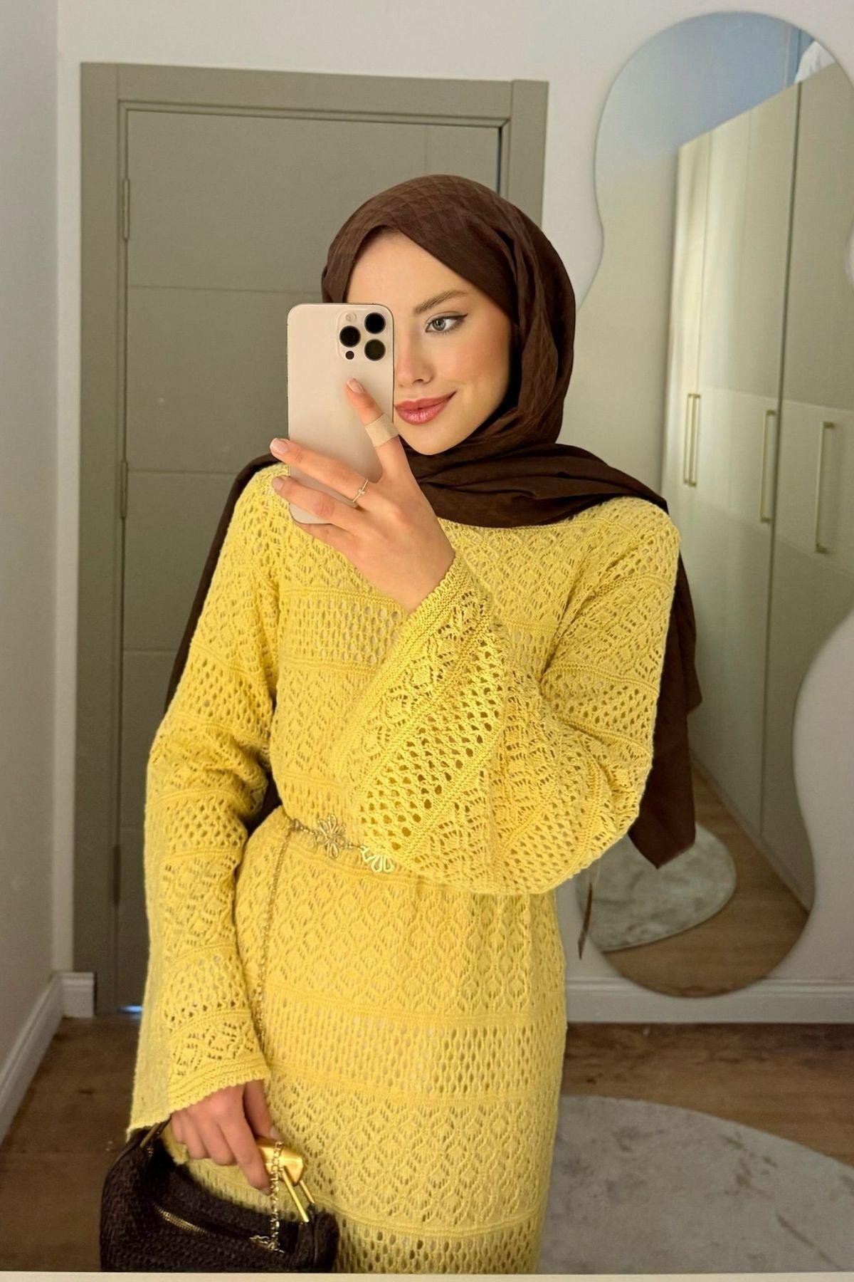 Ajur Örme Elbise Sarı, Fiyatları 