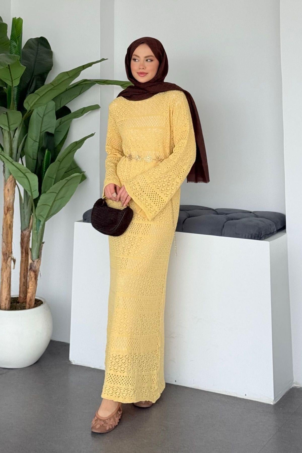 Ajur Örme Elbise Sarı, Fiyatları 