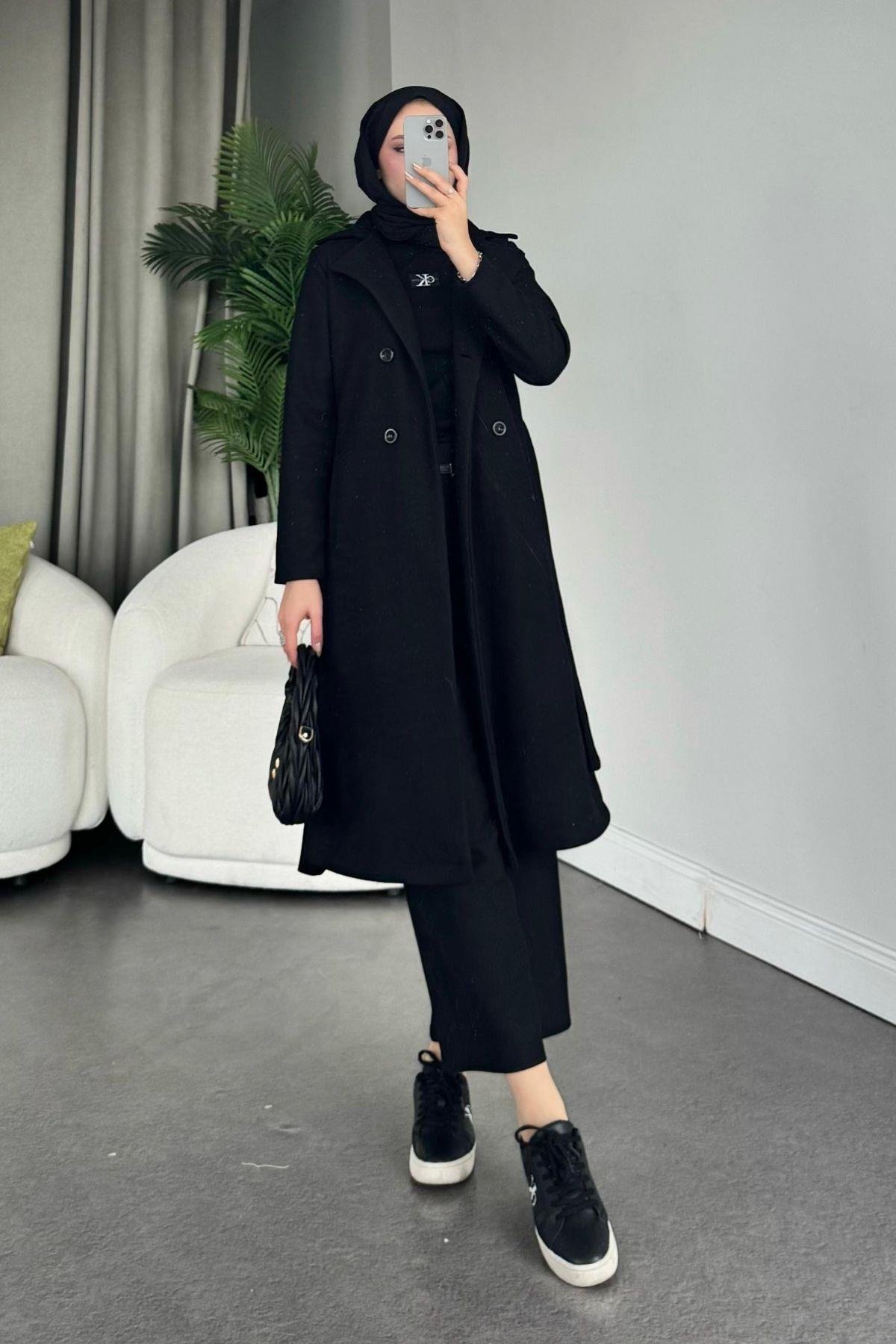 Altı Düğmeli Kaban Siyah, Fiyatları Haza Moda | Tesettür Giyim | Altı Düğmeli Kaban Siyah