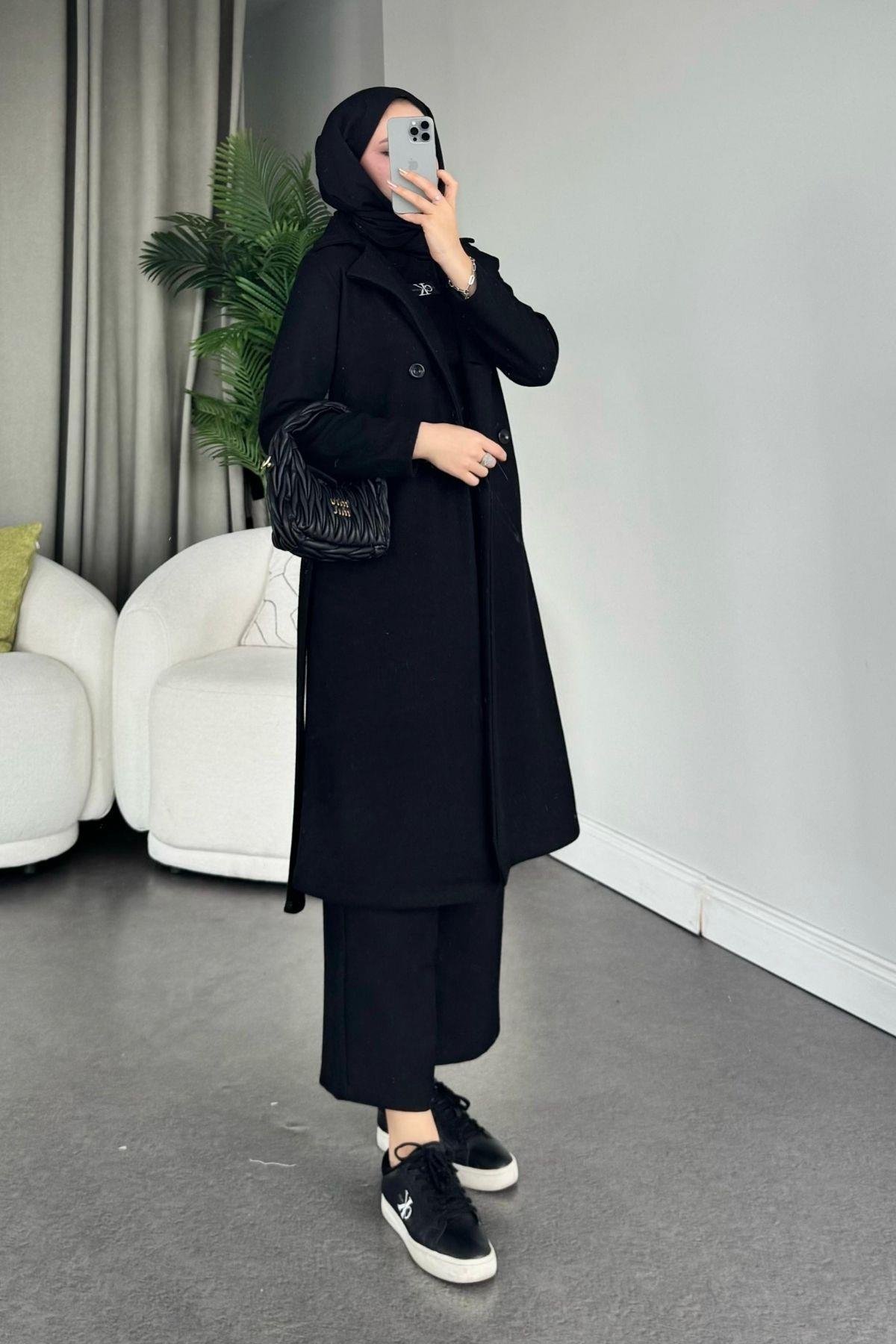 Altı Düğmeli Kaban Siyah, Fiyatları Haza Moda | Tesettür Giyim | Altı Düğmeli Kaban Siyah