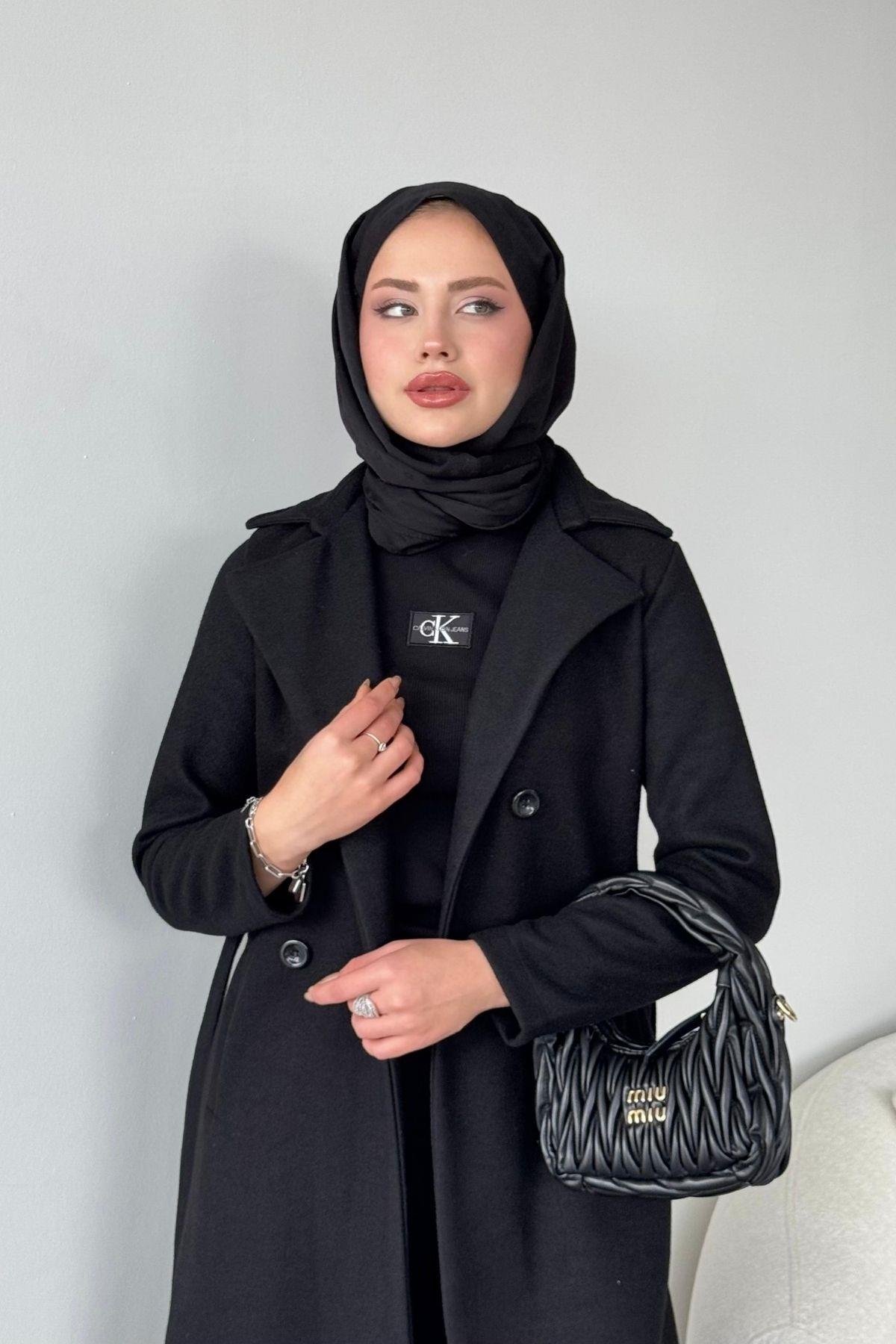 Altı Düğmeli Kaban Siyah, Fiyatları Haza Moda | Tesettür Giyim | Altı Düğmeli Kaban Siyah