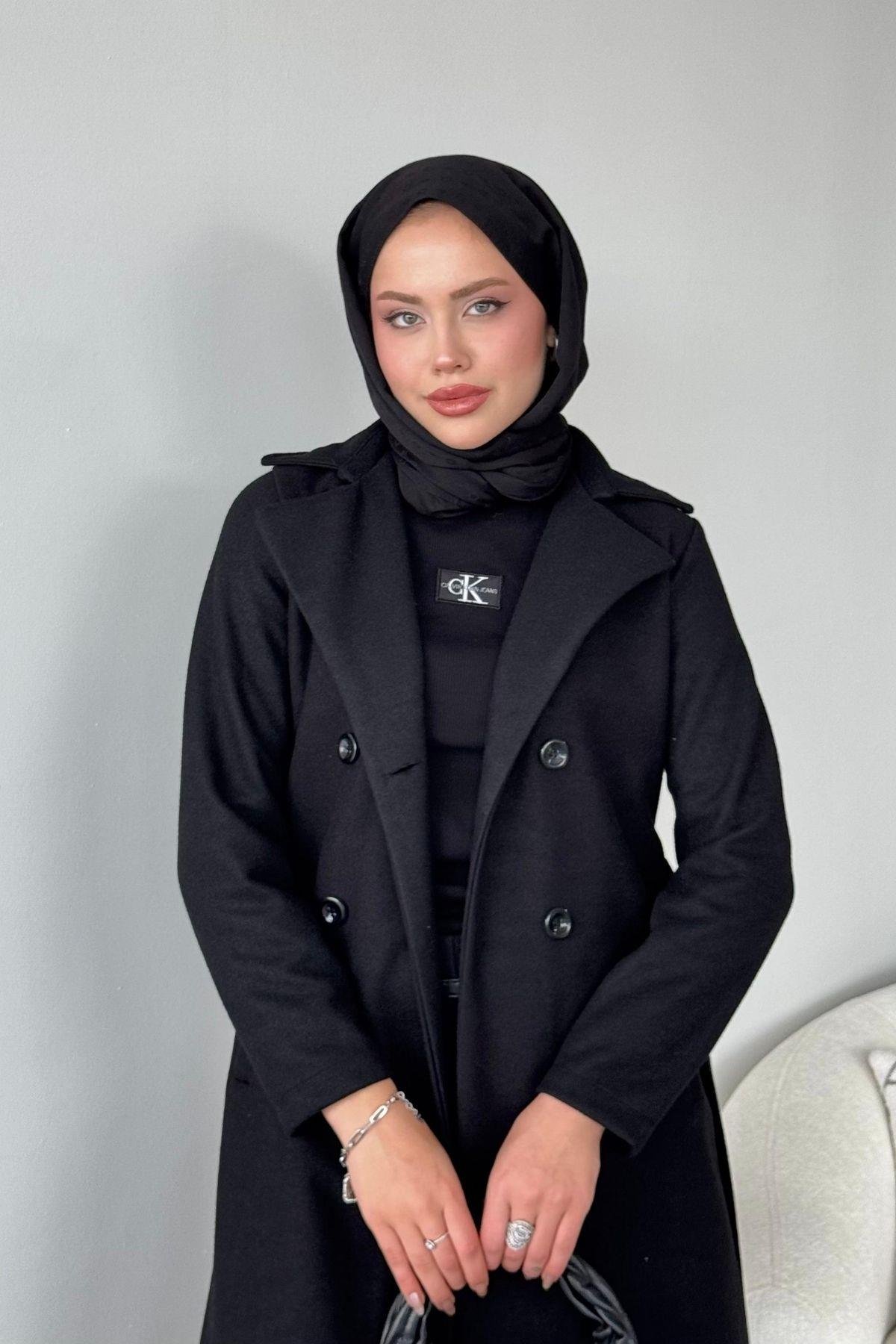 Altı Düğmeli Kaban Siyah, Fiyatları Haza Moda | Tesettür Giyim | Altı Düğmeli Kaban Siyah