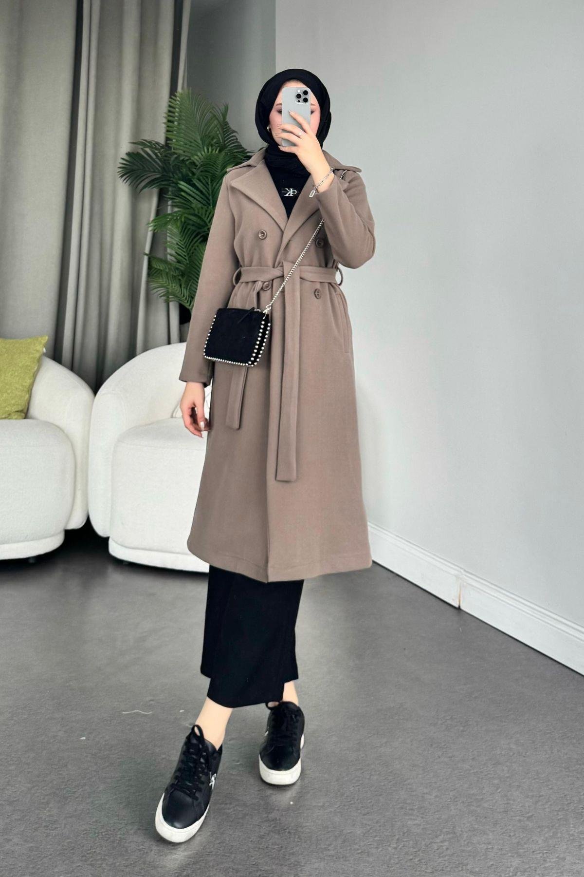 Altı Düğmeli Kaban Vizon, Fiyatları Haza Moda | Tesettür Giyim | Altı Düğmeli Kaban Vizon