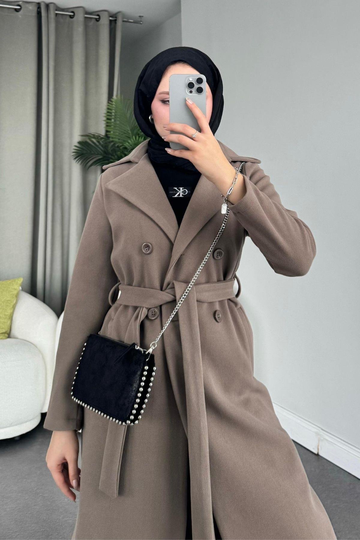 Altı Düğmeli Kaban Vizon, Fiyatları Haza Moda | Tesettür Giyim | Altı Düğmeli Kaban Vizon