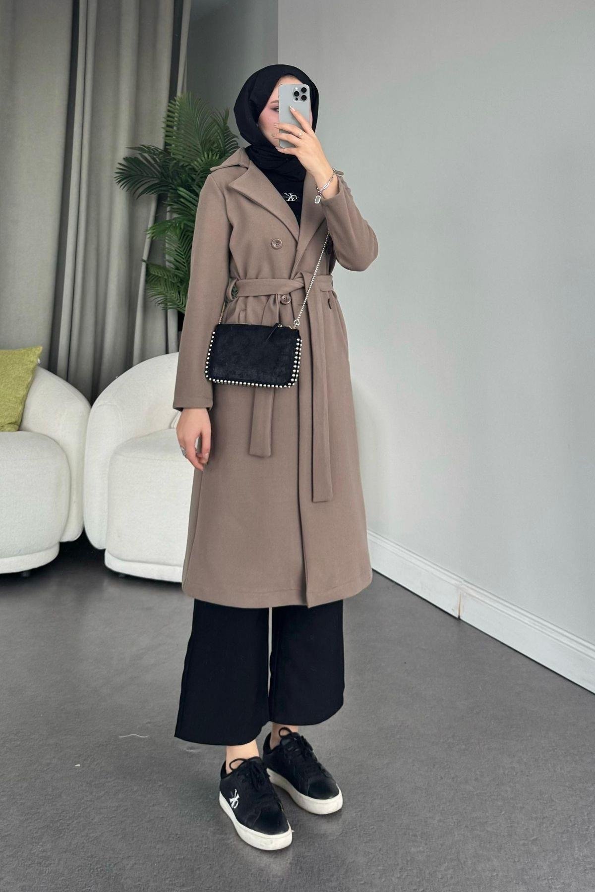 Altı Düğmeli Kaban Vizon, Fiyatları Haza Moda | Tesettür Giyim | Altı Düğmeli Kaban Vizon