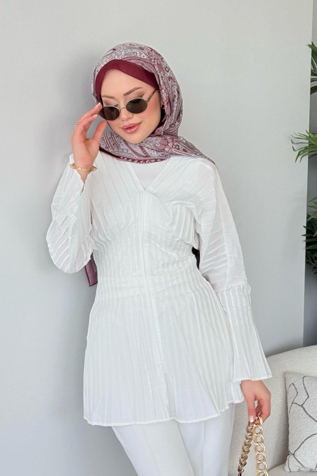 Arina Piliseli Gömlek Beyaz, Fiyatları Arina Piliseli Gömlek Beyaz - Haza Moda 