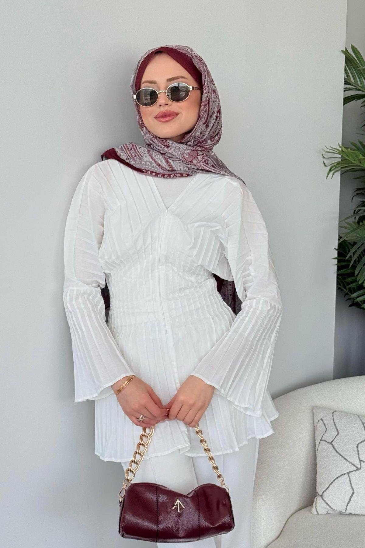 Arina Piliseli Gömlek Beyaz, Fiyatları Arina Piliseli Gömlek Beyaz - Haza Moda 