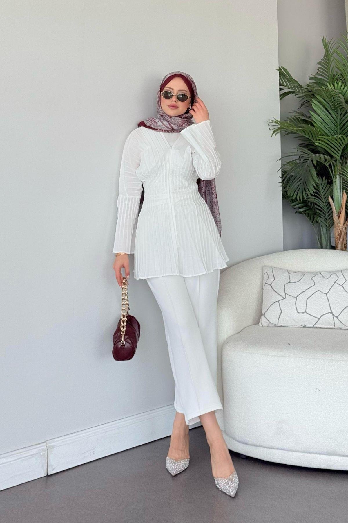 Arina Piliseli Gömlek Beyaz, Fiyatları Arina Piliseli Gömlek Beyaz - Haza Moda 