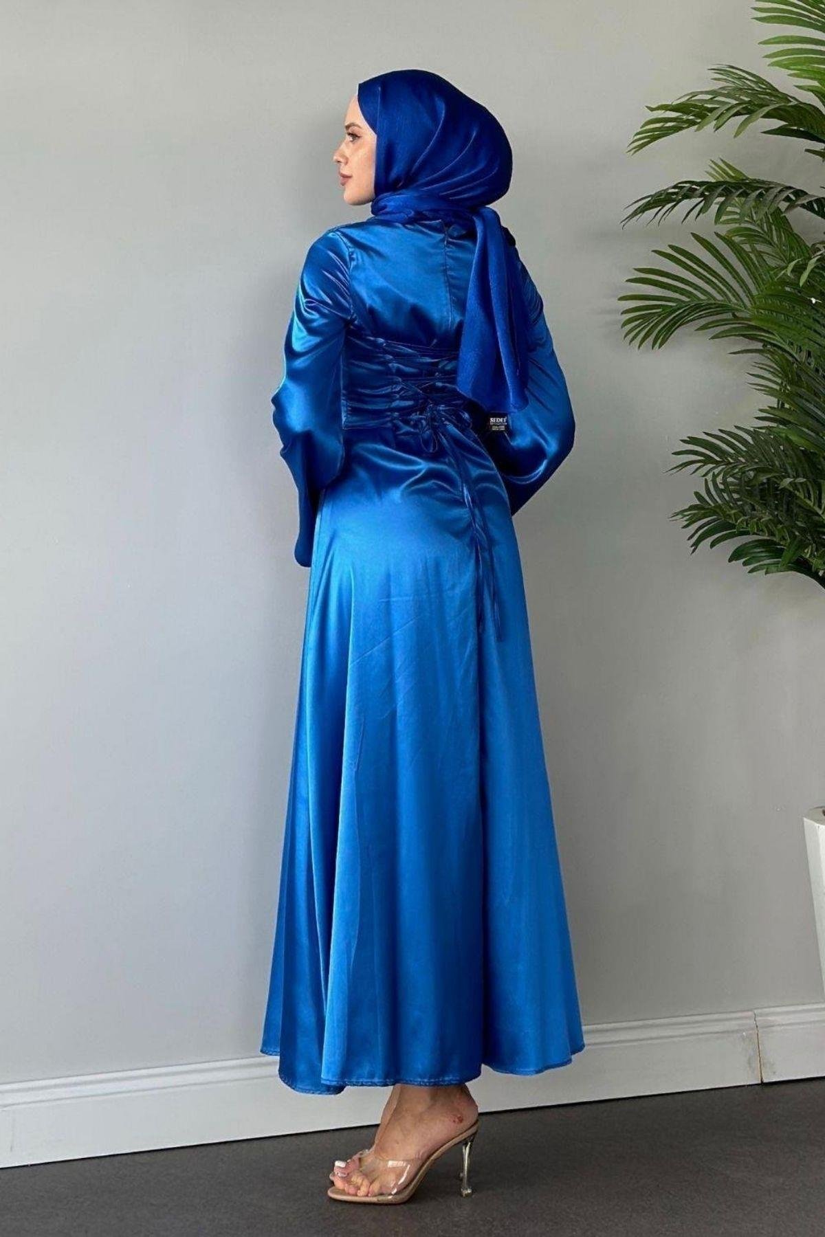 Arkadan Çapraz Saten Abiye İndigo, Fiyatları 