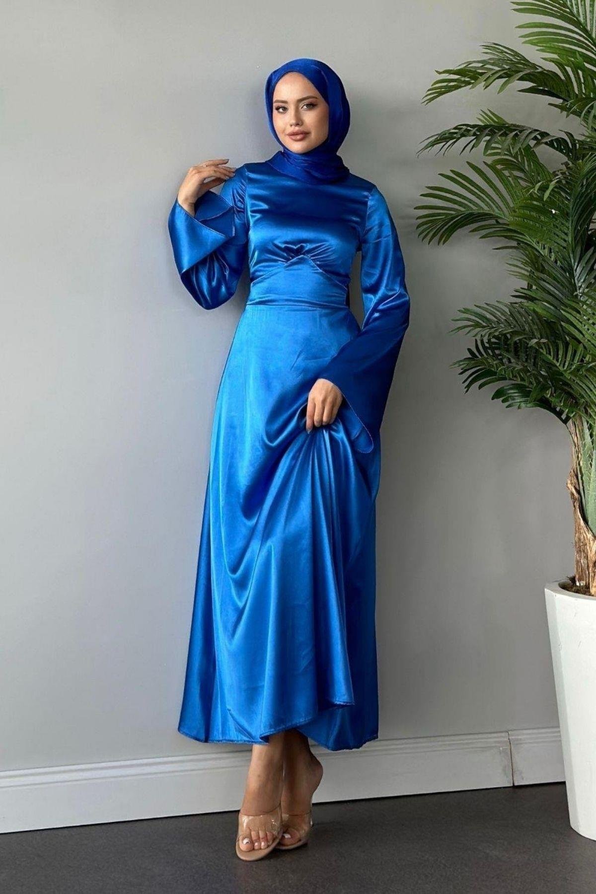 Arkadan Çapraz Saten Abiye İndigo, Fiyatları 