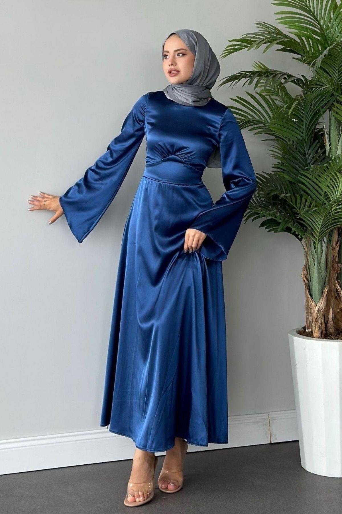 Arkadan Çapraz Saten Abiye Lacivert, Fiyatları 