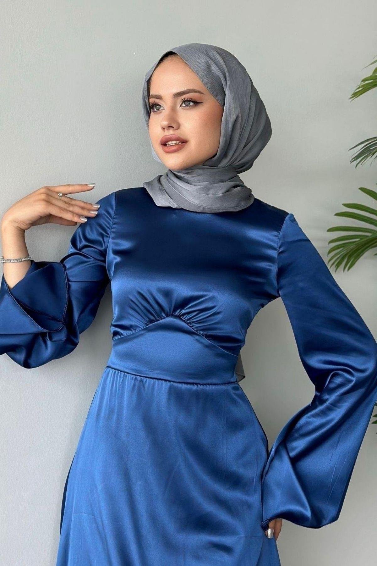 Arkadan Çapraz Saten Abiye Lacivert, Fiyatları 