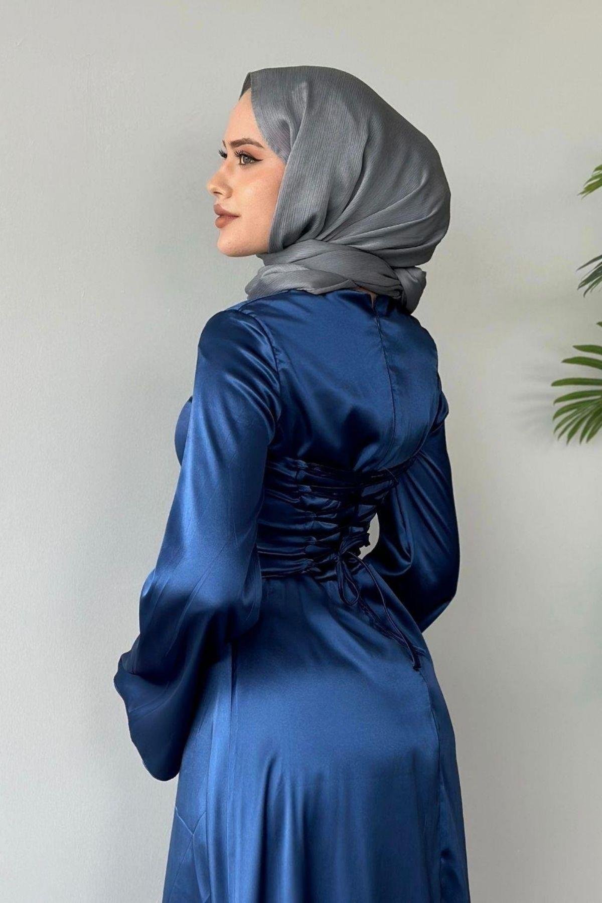 Arkadan Çapraz Saten Abiye Lacivert, Fiyatları 