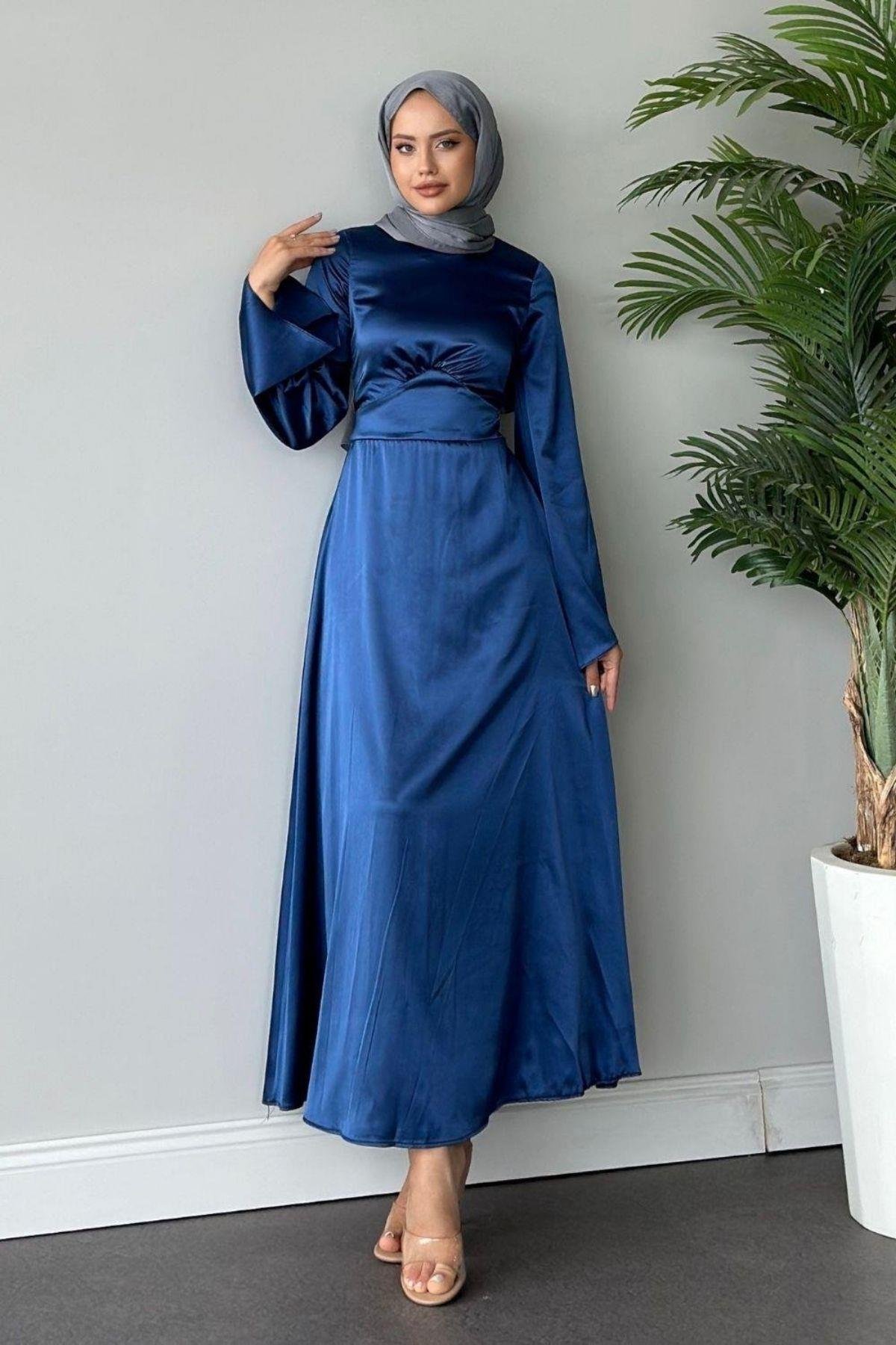 Arkadan Çapraz Saten Abiye Lacivert, Fiyatları 