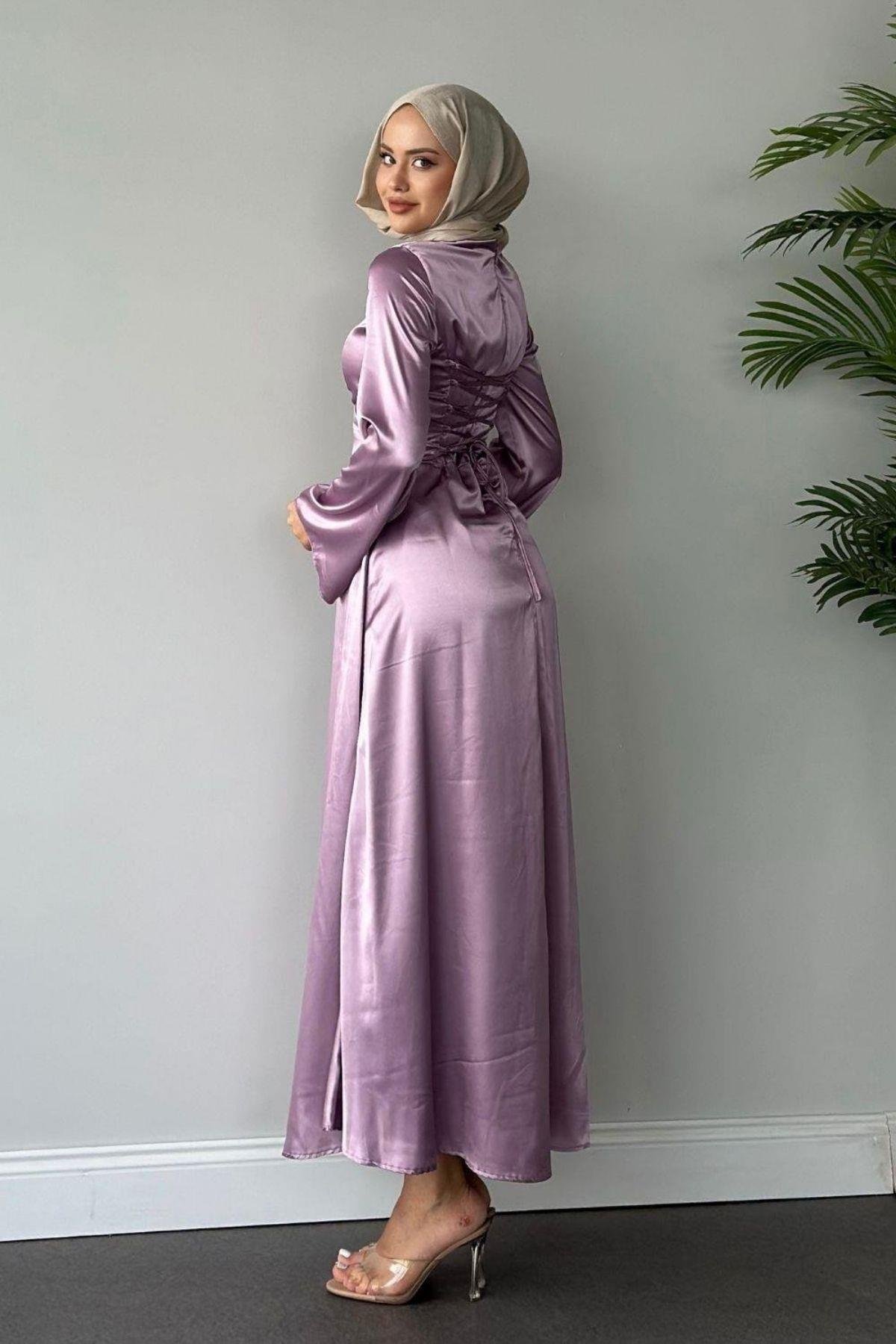 Arkadan Çapraz Saten Abiye Lila, Fiyatları 