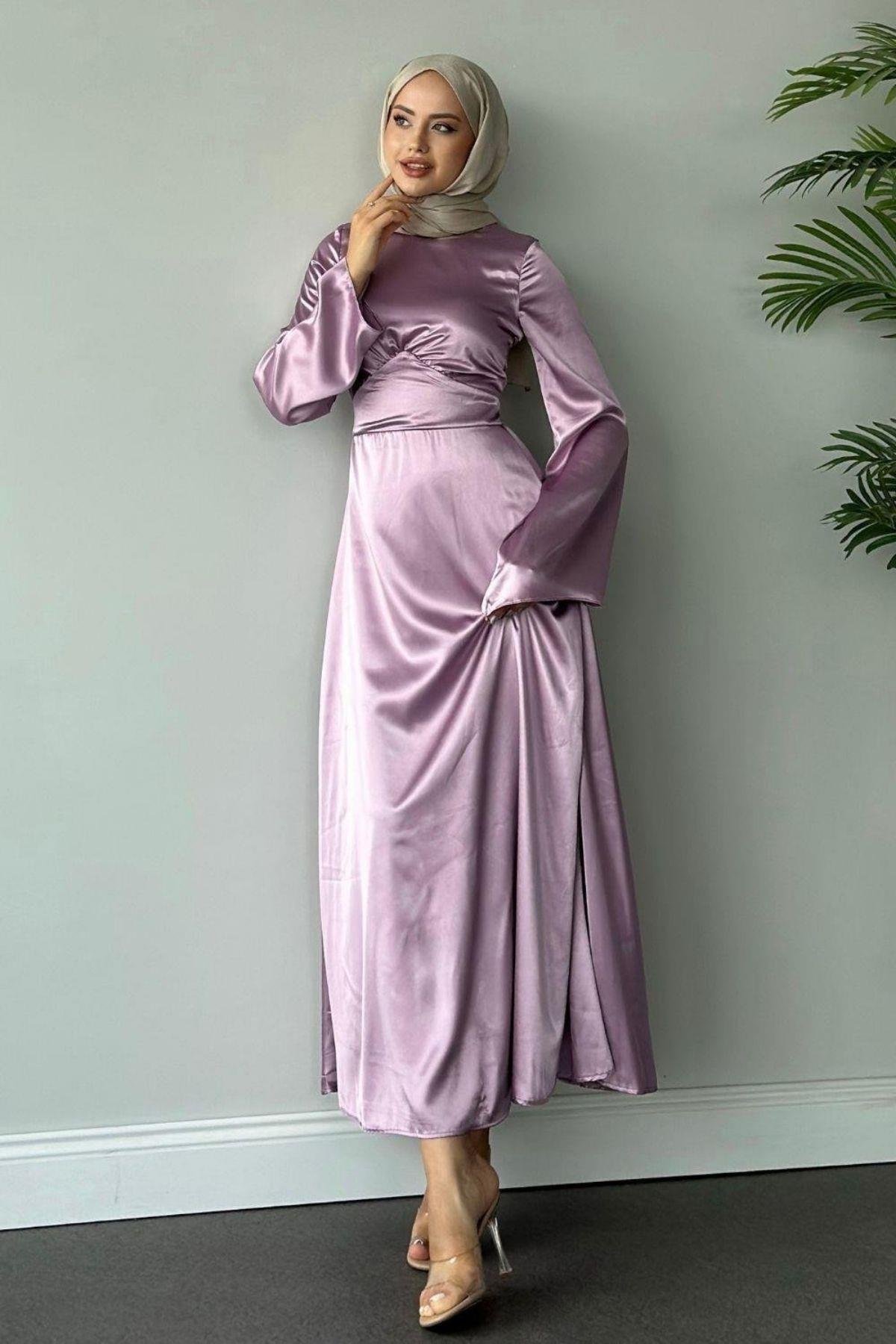 Arkadan Çapraz Saten Abiye Lila, Fiyatları 