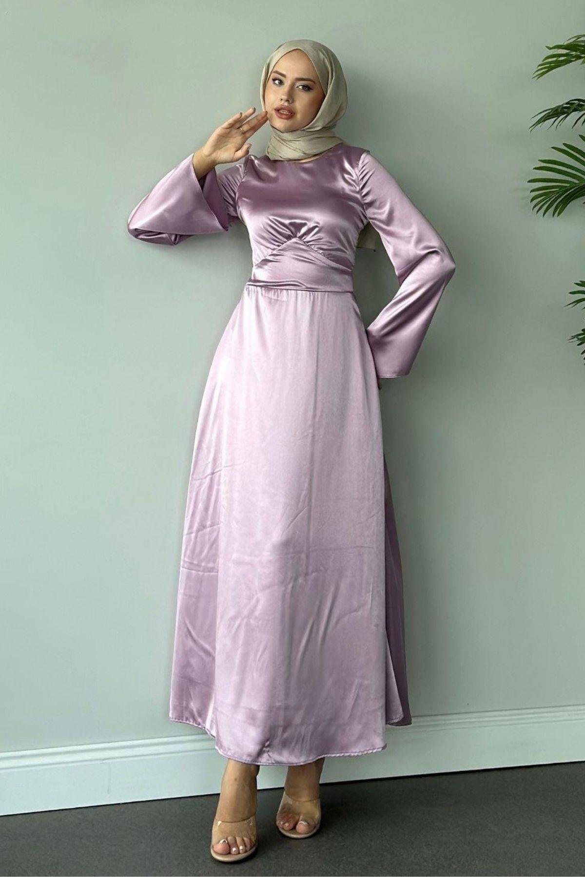 Arkadan Çapraz Saten Abiye Lila, Fiyatları 