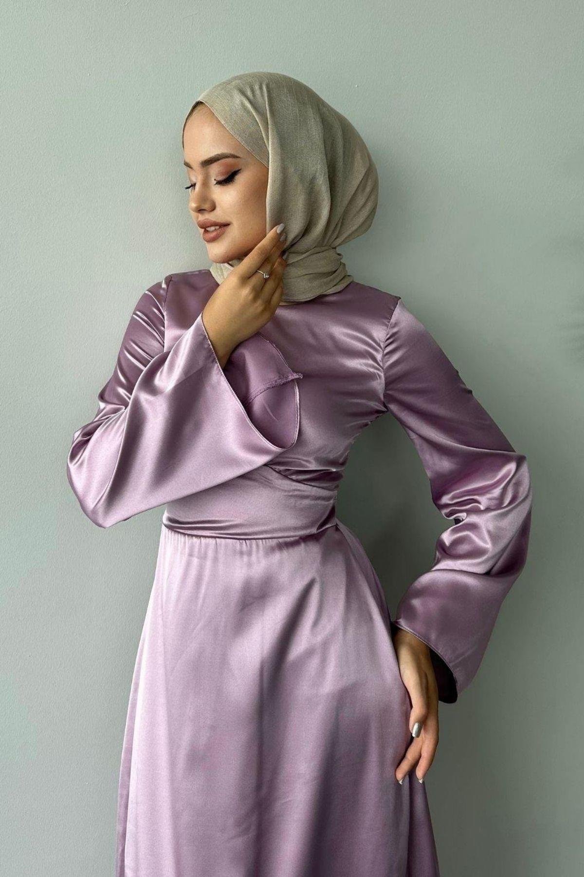 Arkadan Çapraz Saten Abiye Lila, Fiyatları 