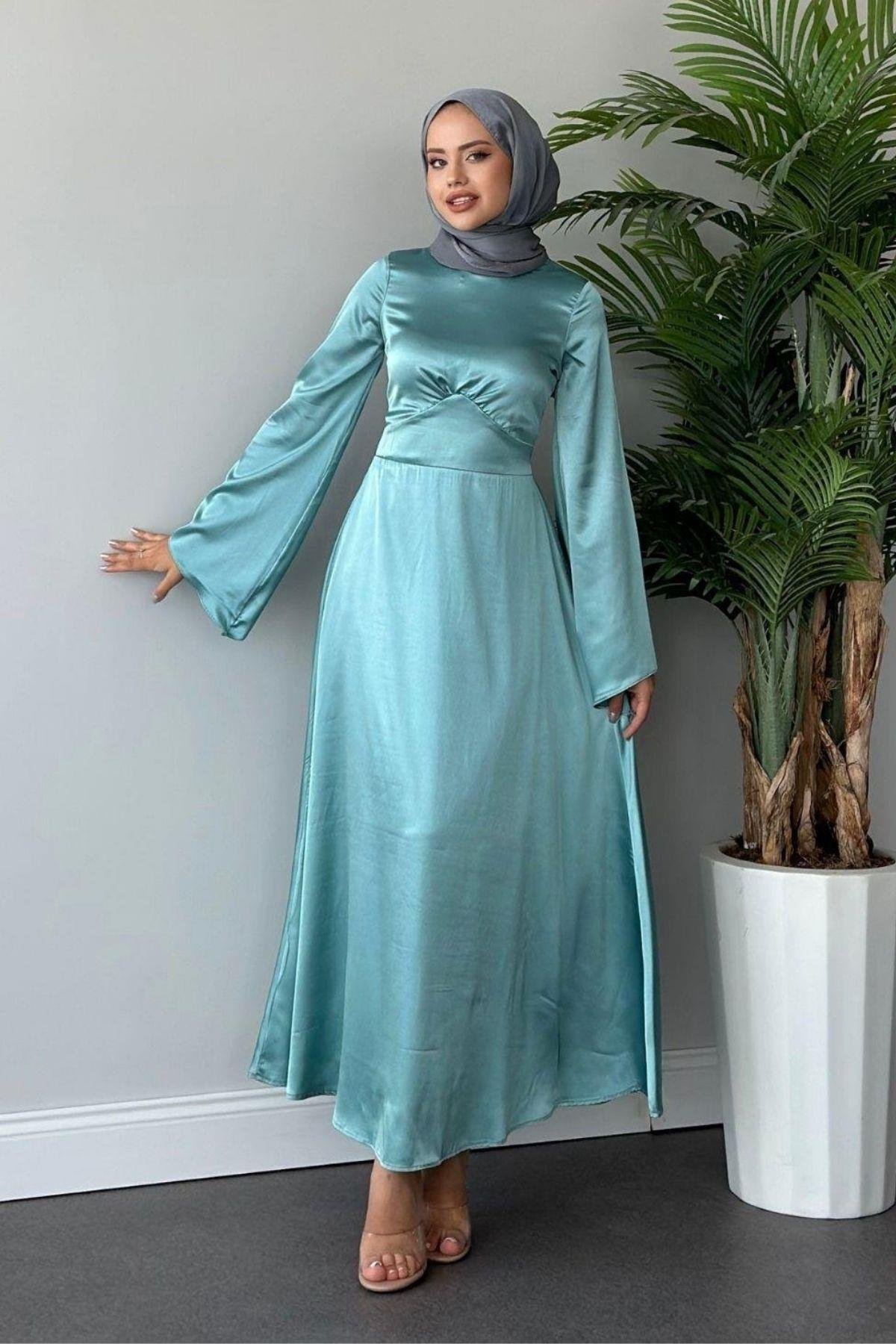 Arkadan Çapraz Saten Abiye Mint, Fiyatları 