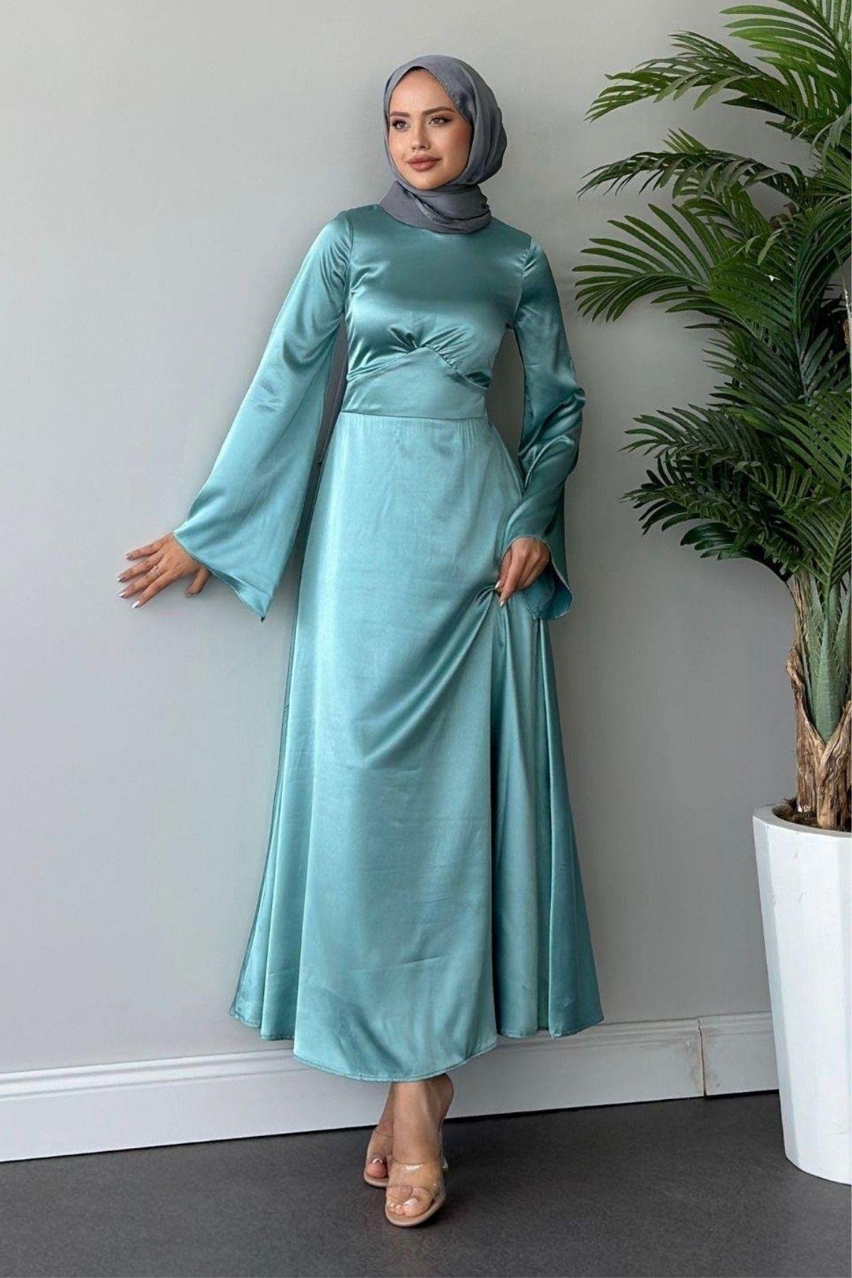 Arkadan Çapraz Saten Abiye Mint, Fiyatları 