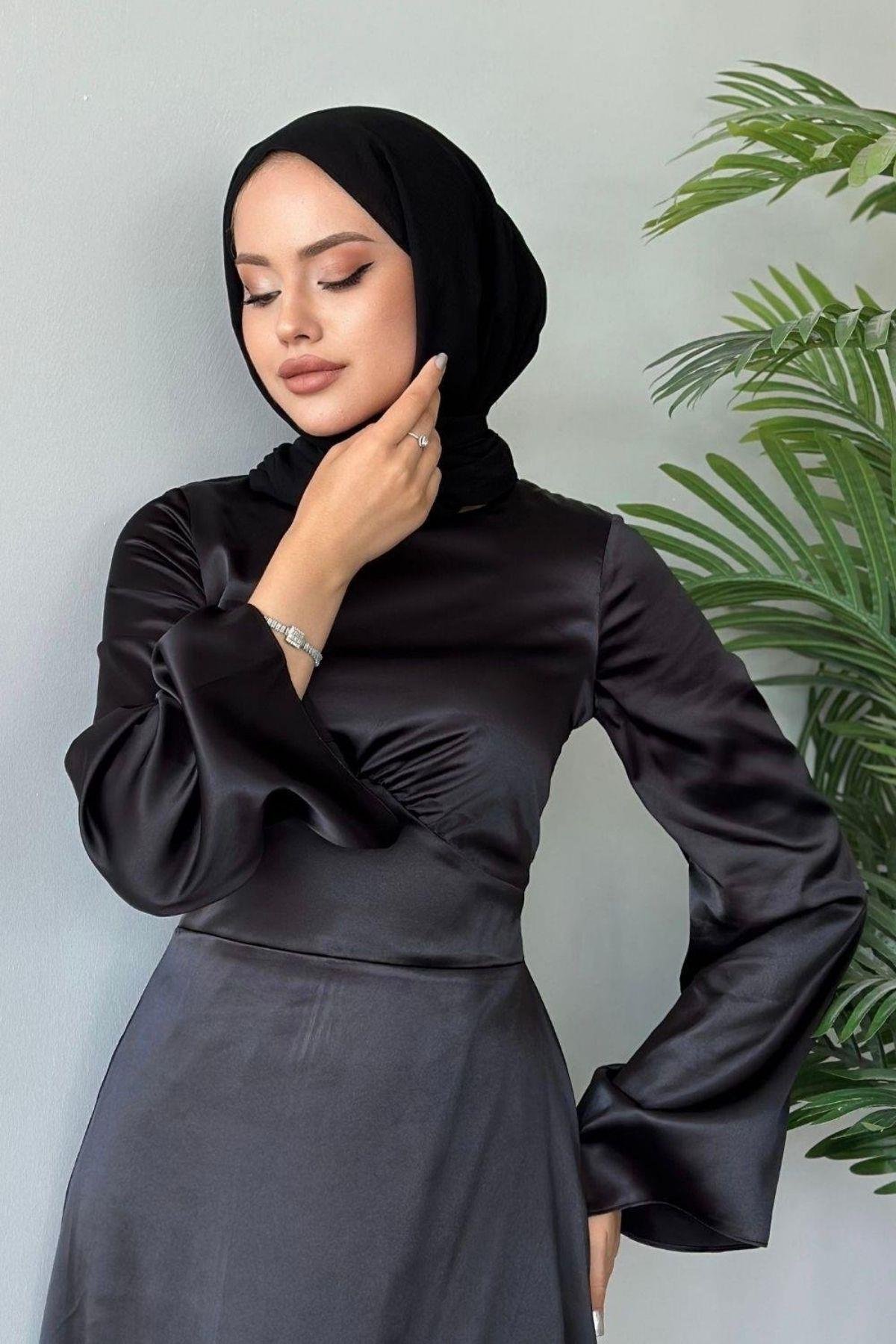 Arkadan Çapraz Saten Abiye Siyah, Fiyatları 