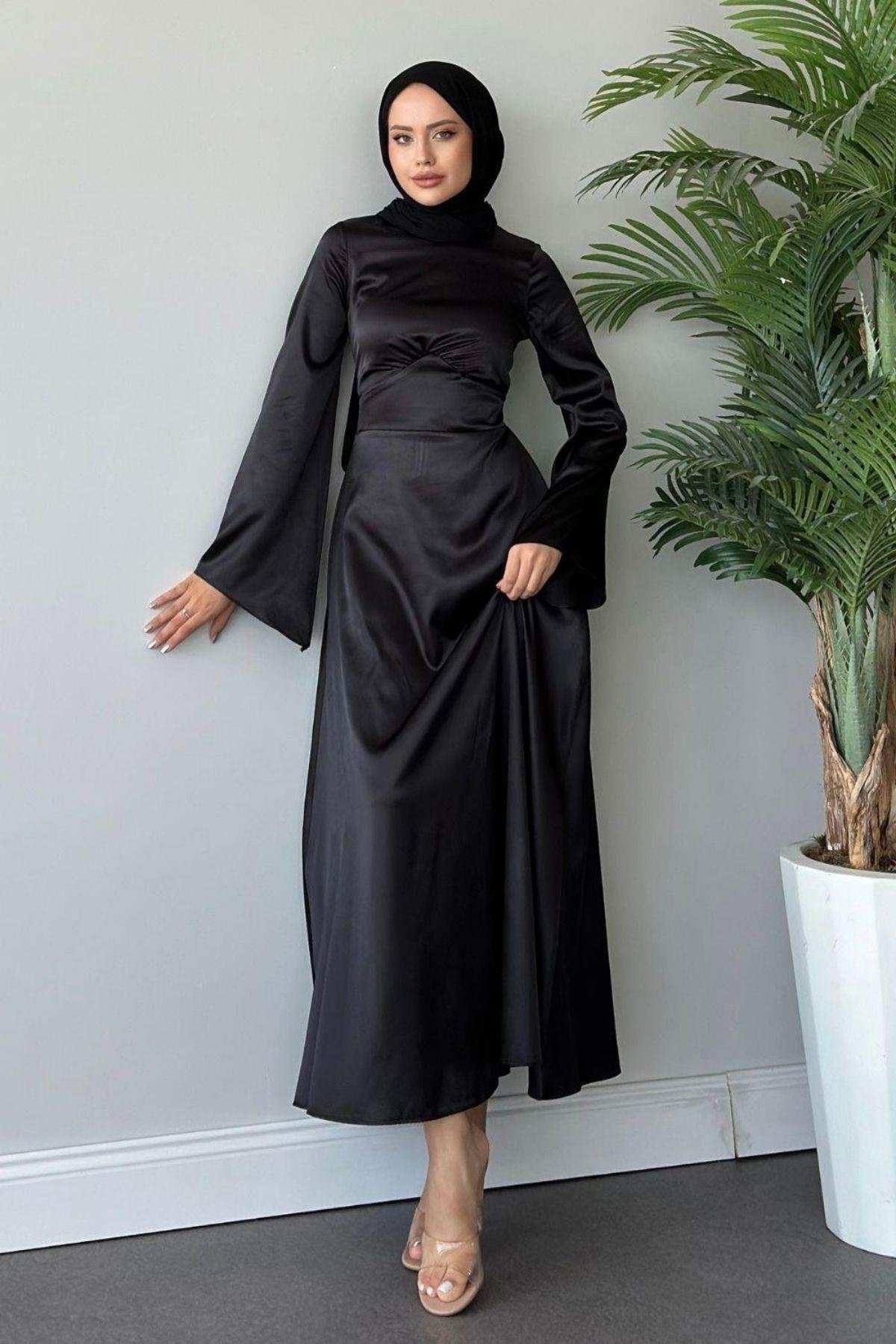 Arkadan Çapraz Saten Abiye Siyah, Fiyatları 