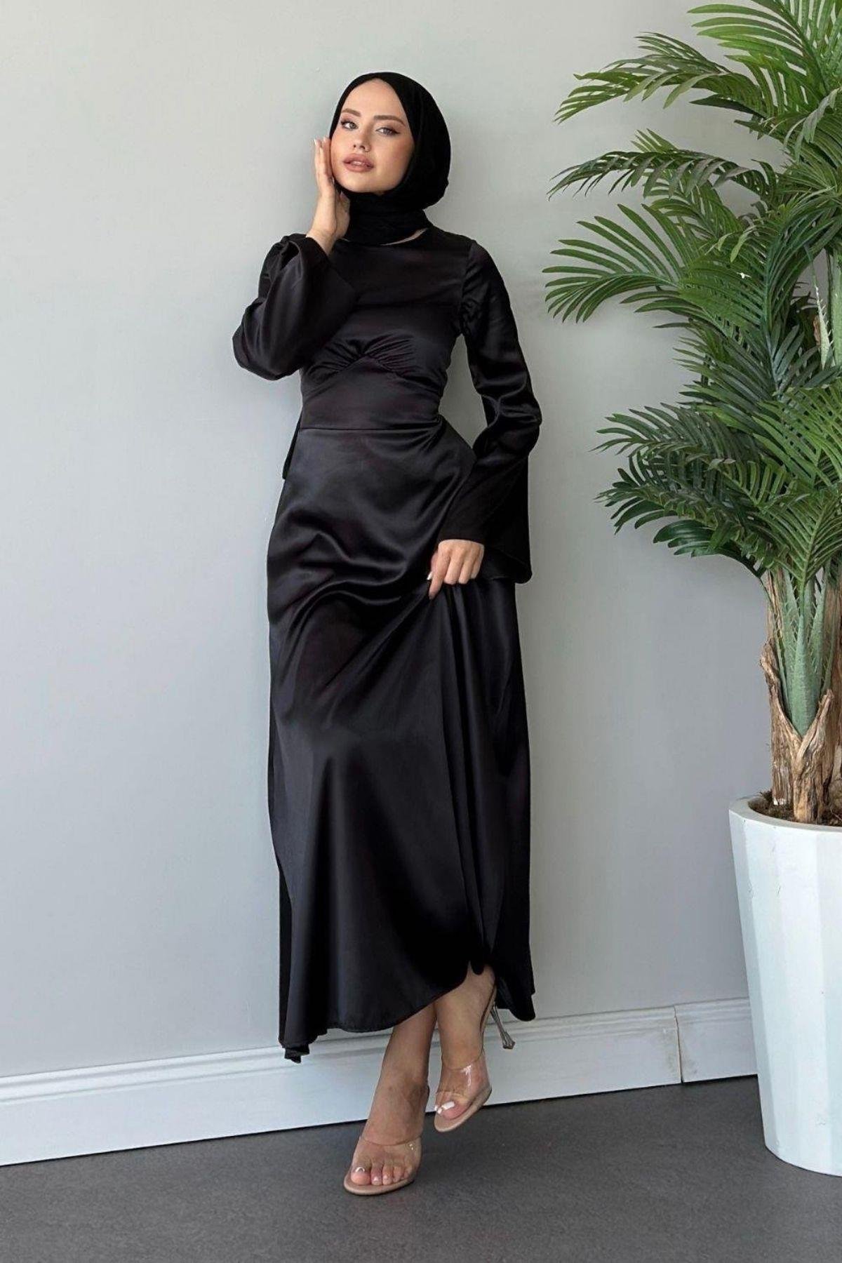 Arkadan Çapraz Saten Abiye Siyah, Fiyatları 