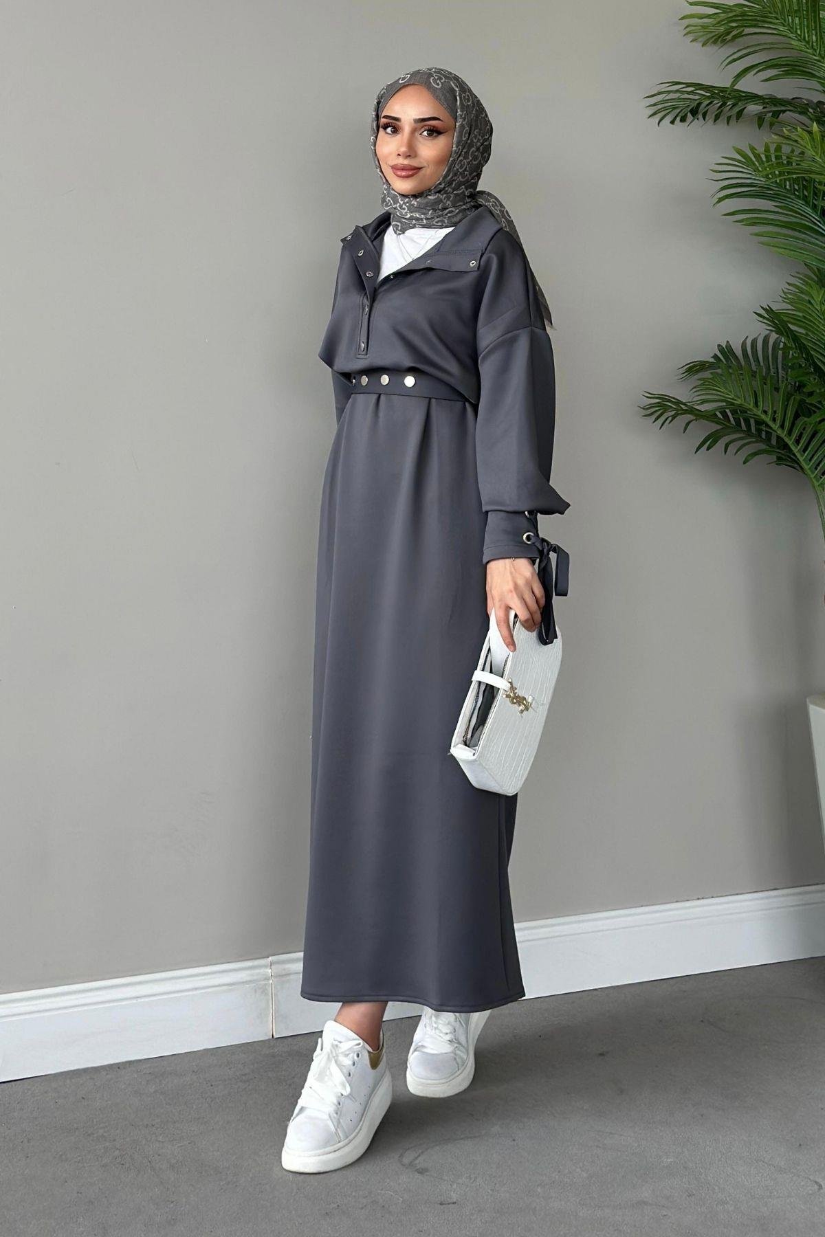 Arya Scuba Elbise Füme, Fiyatları Haza Moda | Tesettür Giyim | Arya Scuba Elbise Füme