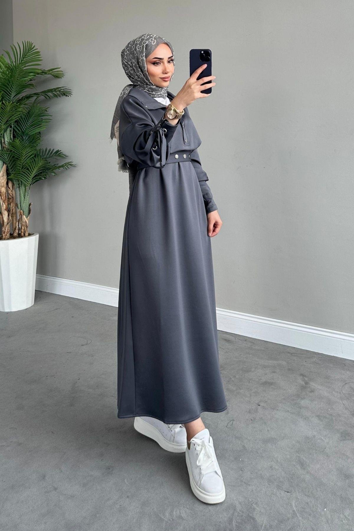 Arya Scuba Elbise Füme, Fiyatları Haza Moda | Tesettür Giyim | Arya Scuba Elbise Füme