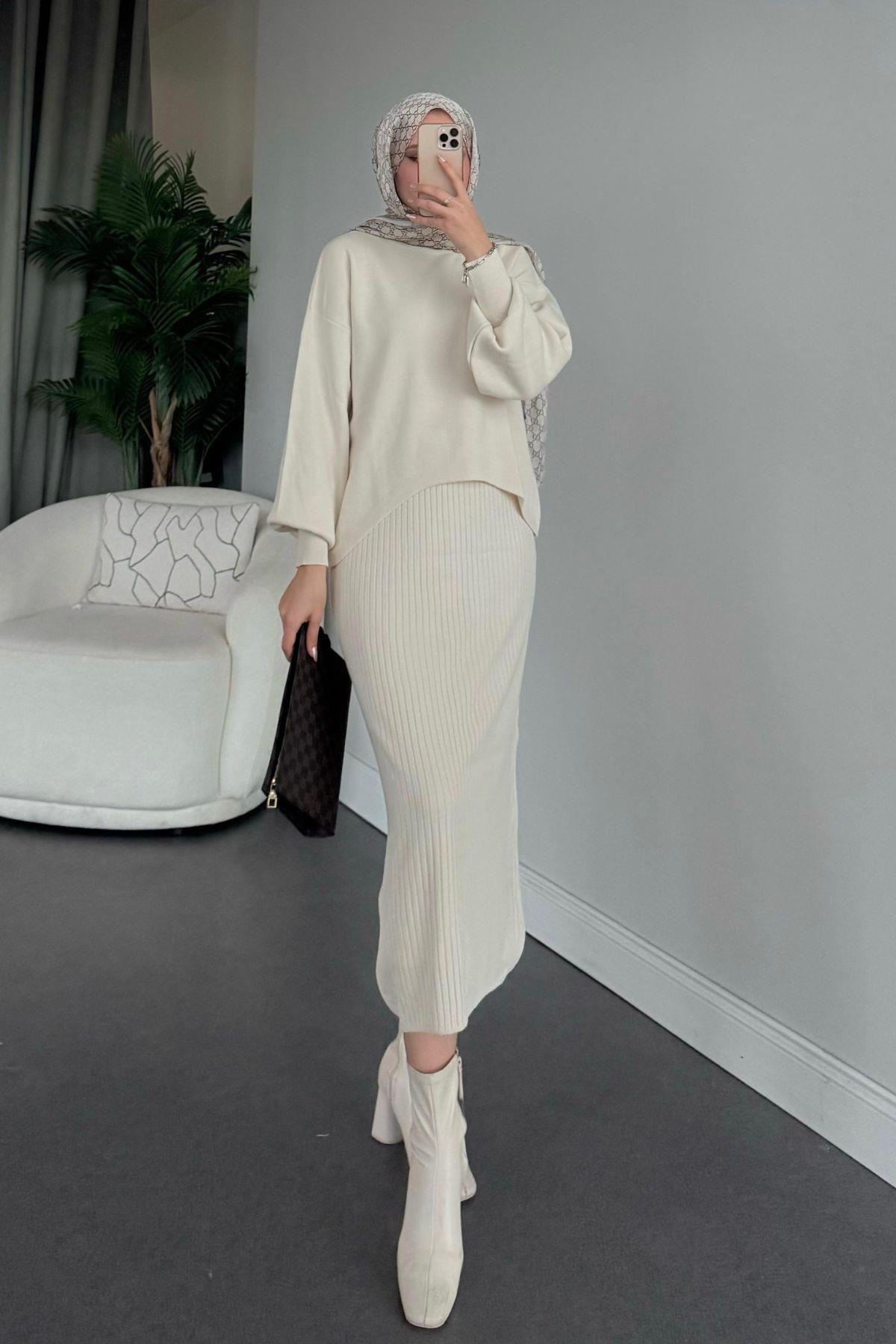 Asel Triko Elbise Ekru, Fiyatları Haza Moda | Tesettür Giyim | Asel Triko Elbise Ekru