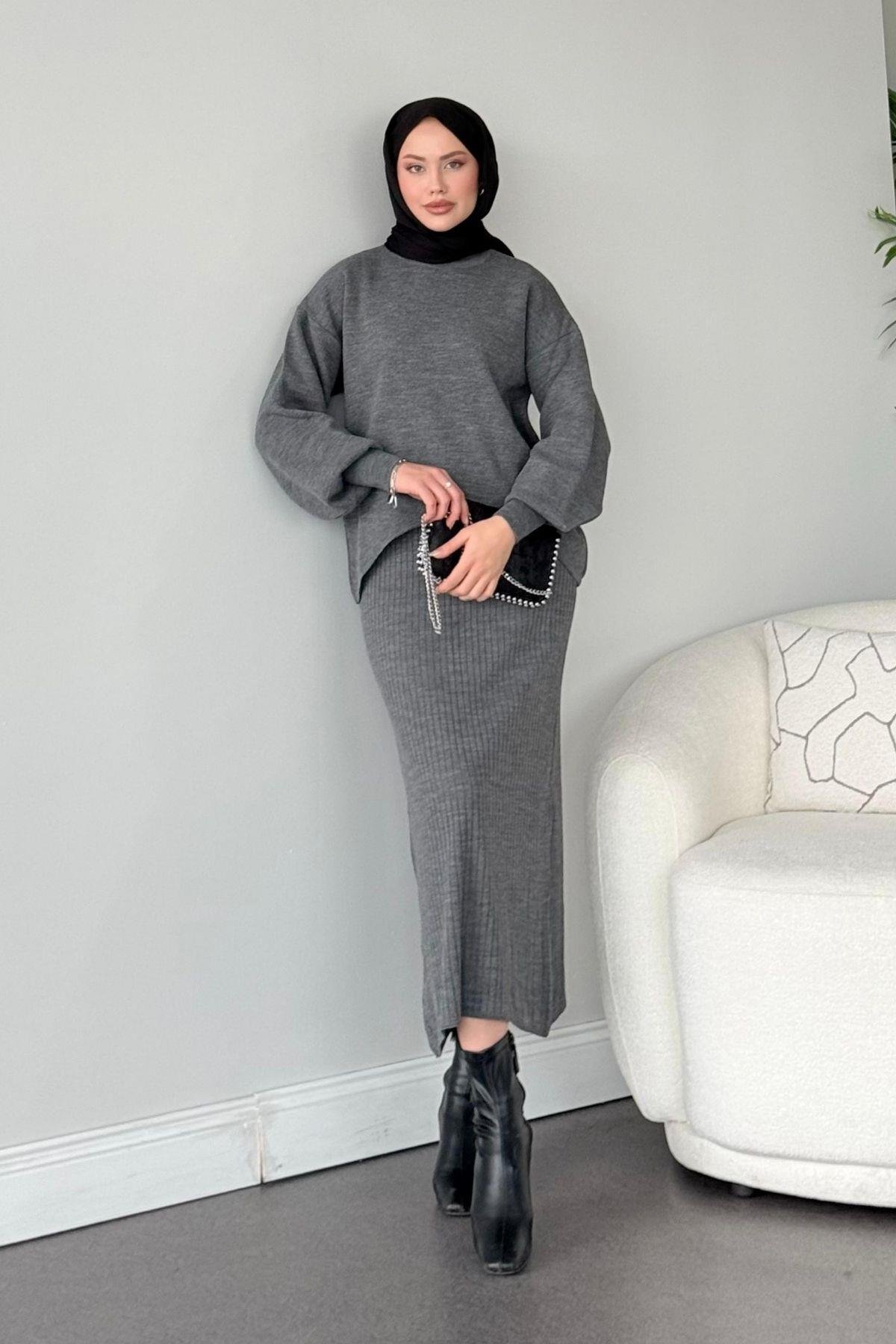 Asel Triko Elbise Gri, Fiyatları Haza Moda | Tesettür Giyim | Asel Triko Elbise Gri