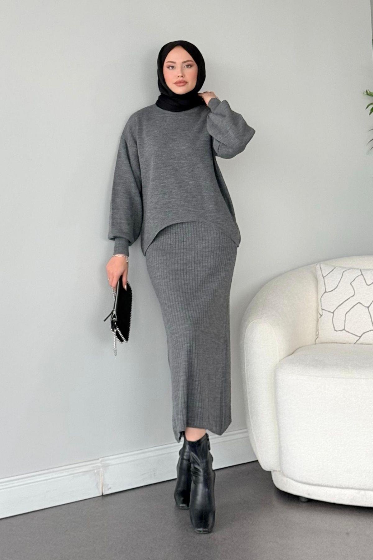 Asel Triko Elbise Gri, Fiyatları Haza Moda | Tesettür Giyim | Asel Triko Elbise Gri