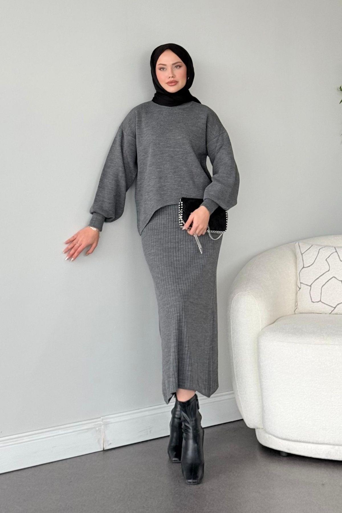 Asel Triko Elbise Gri, Fiyatları Haza Moda | Tesettür Giyim | Asel Triko Elbise Gri