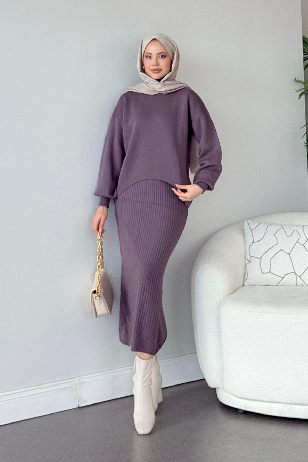 Asel Triko Elbise Mor, Fiyatları Haza Moda | Tesettür Giyim | Asel Triko Elbise Mor