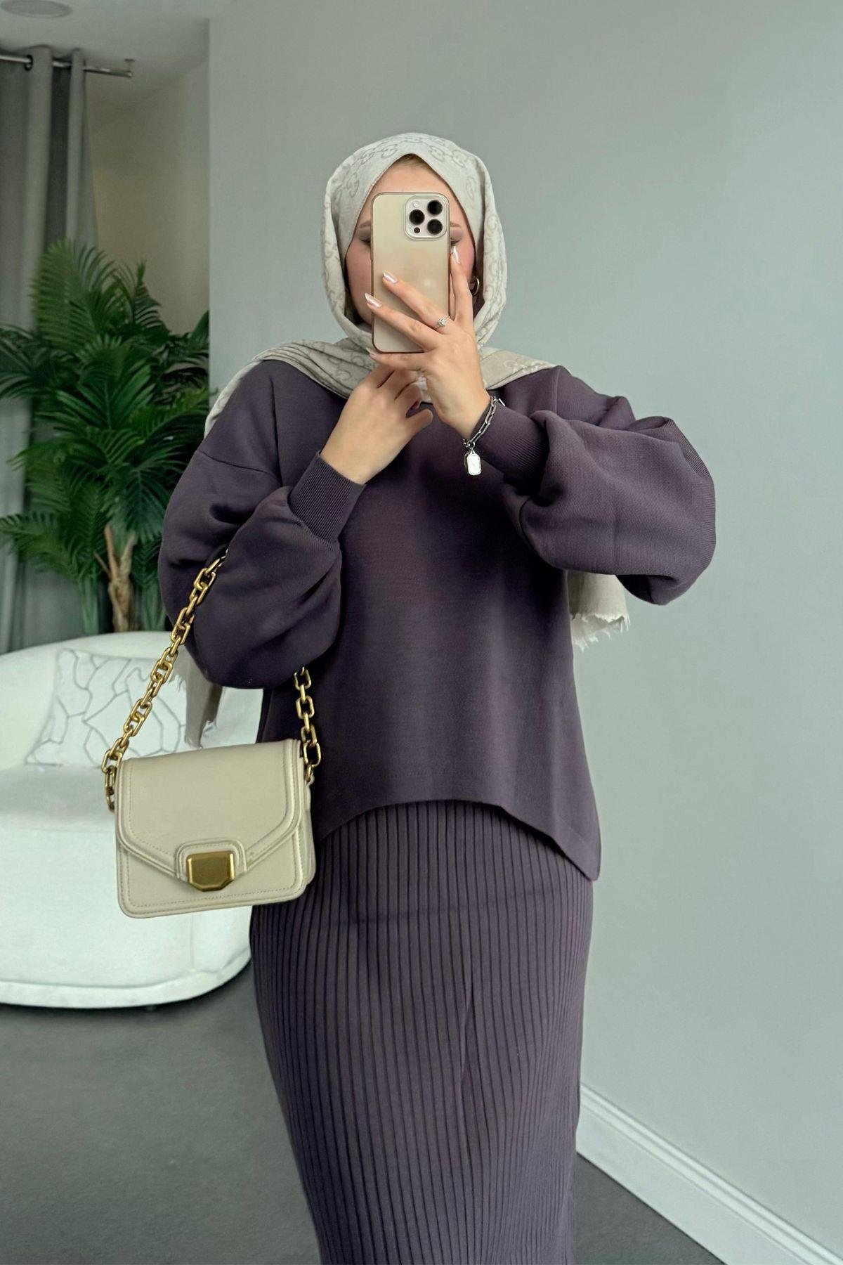 Asel Triko Elbise Mor, Fiyatları Haza Moda | Tesettür Giyim | Asel Triko Elbise Mor