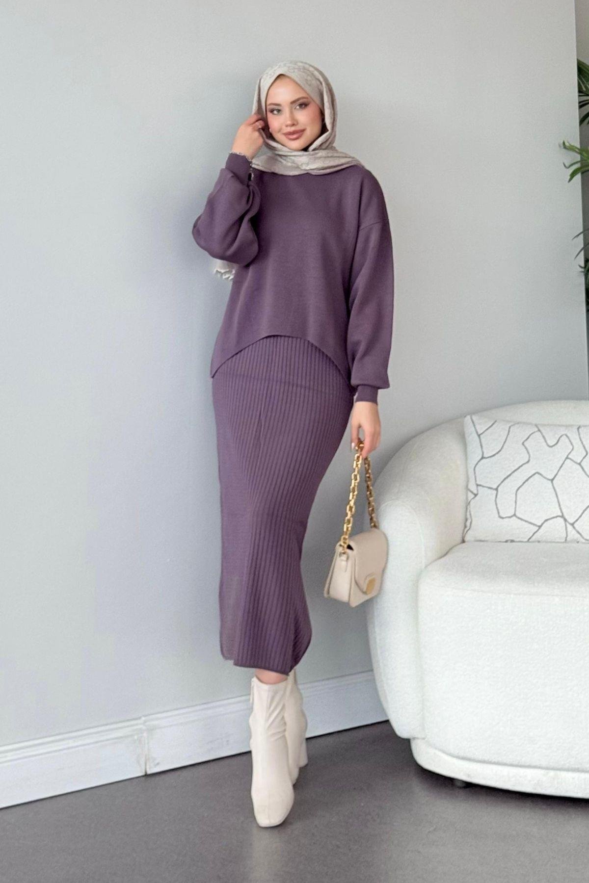 Asel Triko Elbise Mor, Fiyatları Haza Moda | Tesettür Giyim | Asel Triko Elbise Mor