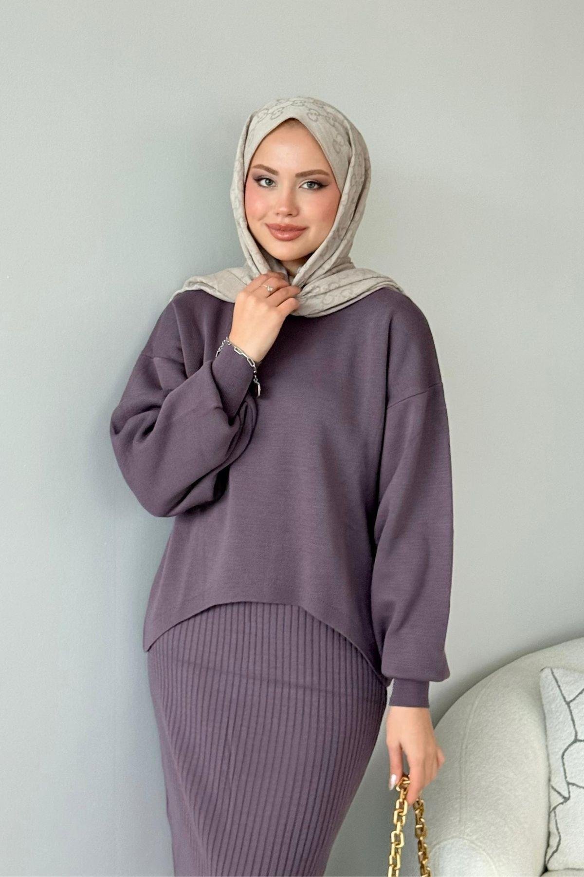 Asel Triko Elbise Mor, Fiyatları Haza Moda | Tesettür Giyim | Asel Triko Elbise Mor