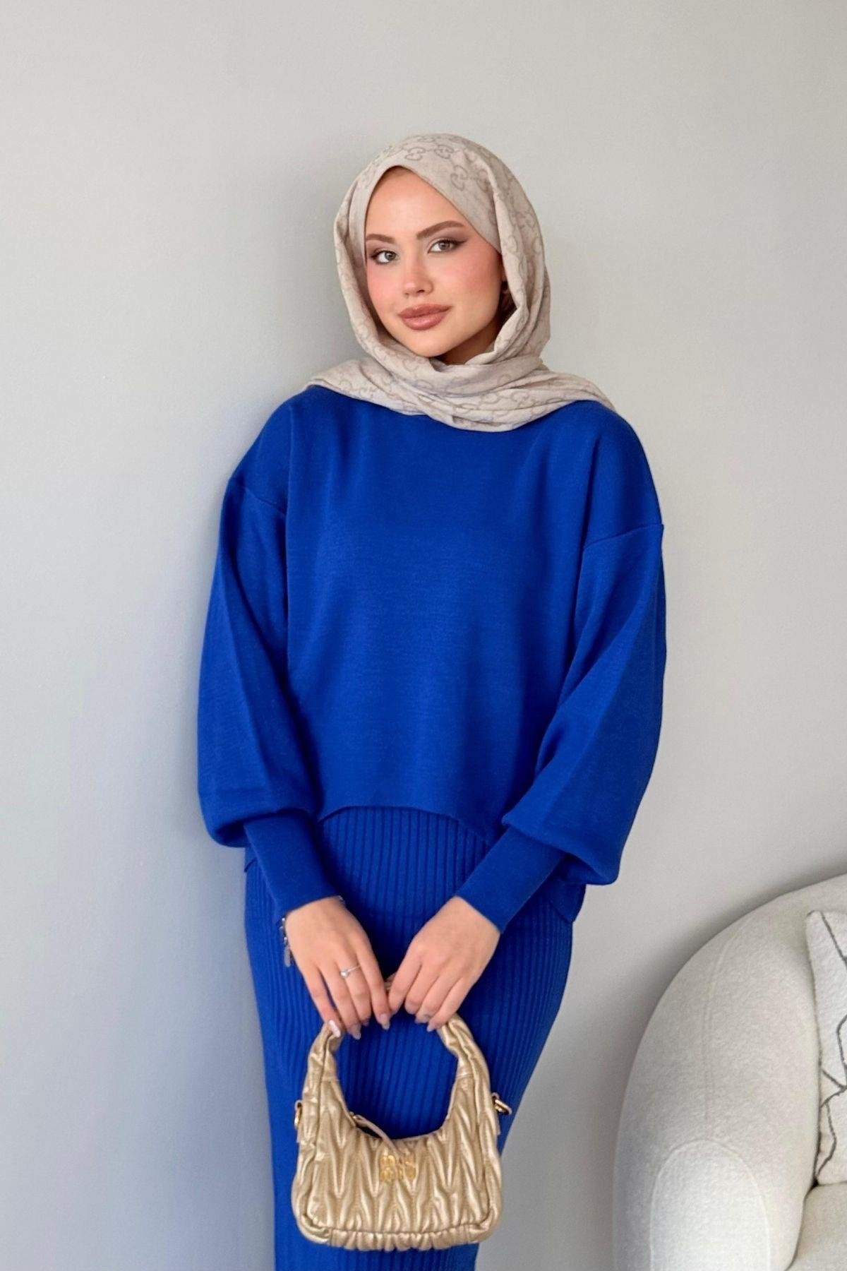 Asel Triko Elbise Saks, Fiyatları Haza Moda | Tesettür Giyim | Asel Triko Elbise Saks