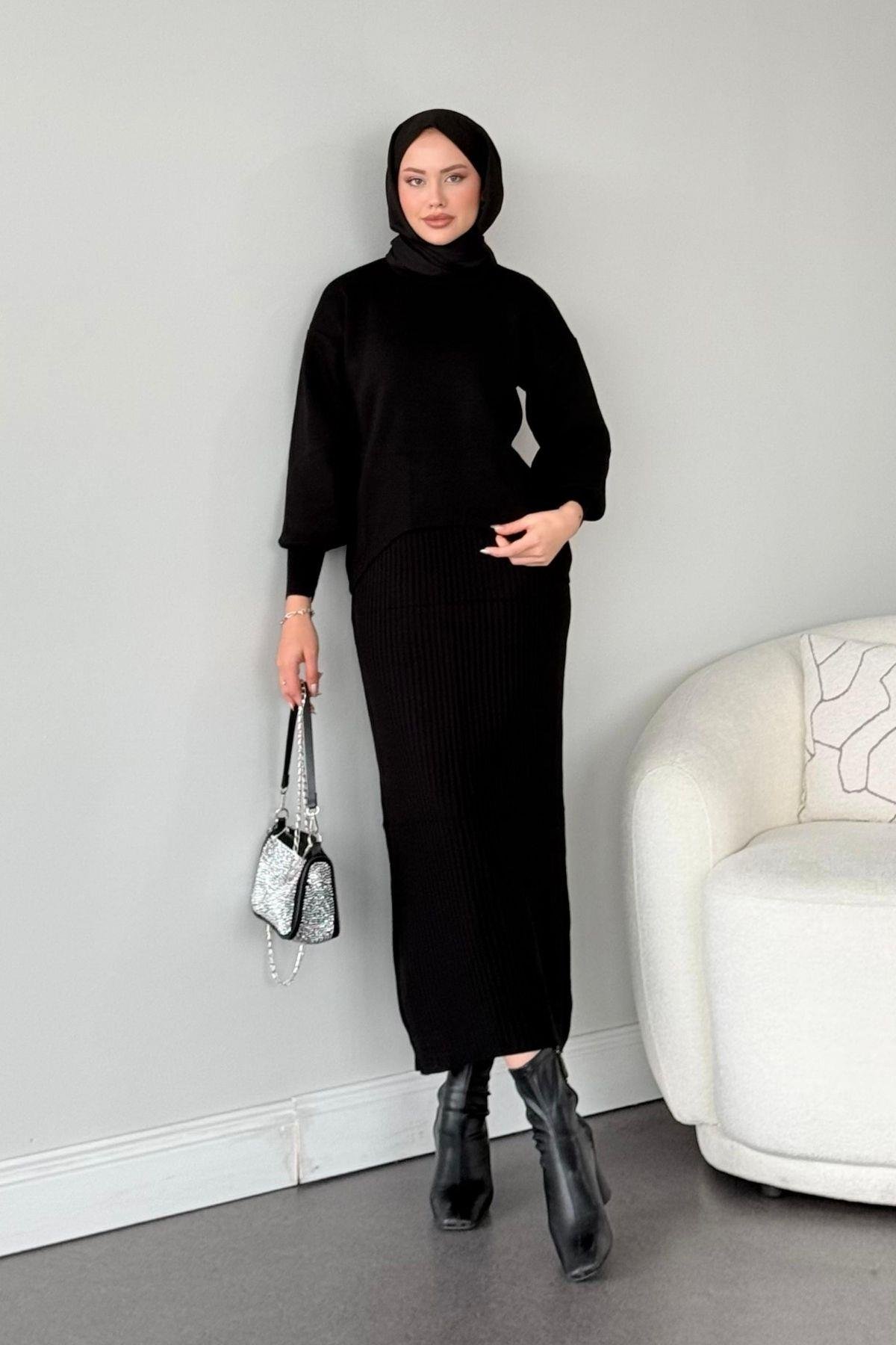 Asel Triko Elbise Siyah, Fiyatları Haza Moda | Tesettür Giyim | Asel Triko Elbise Siyah