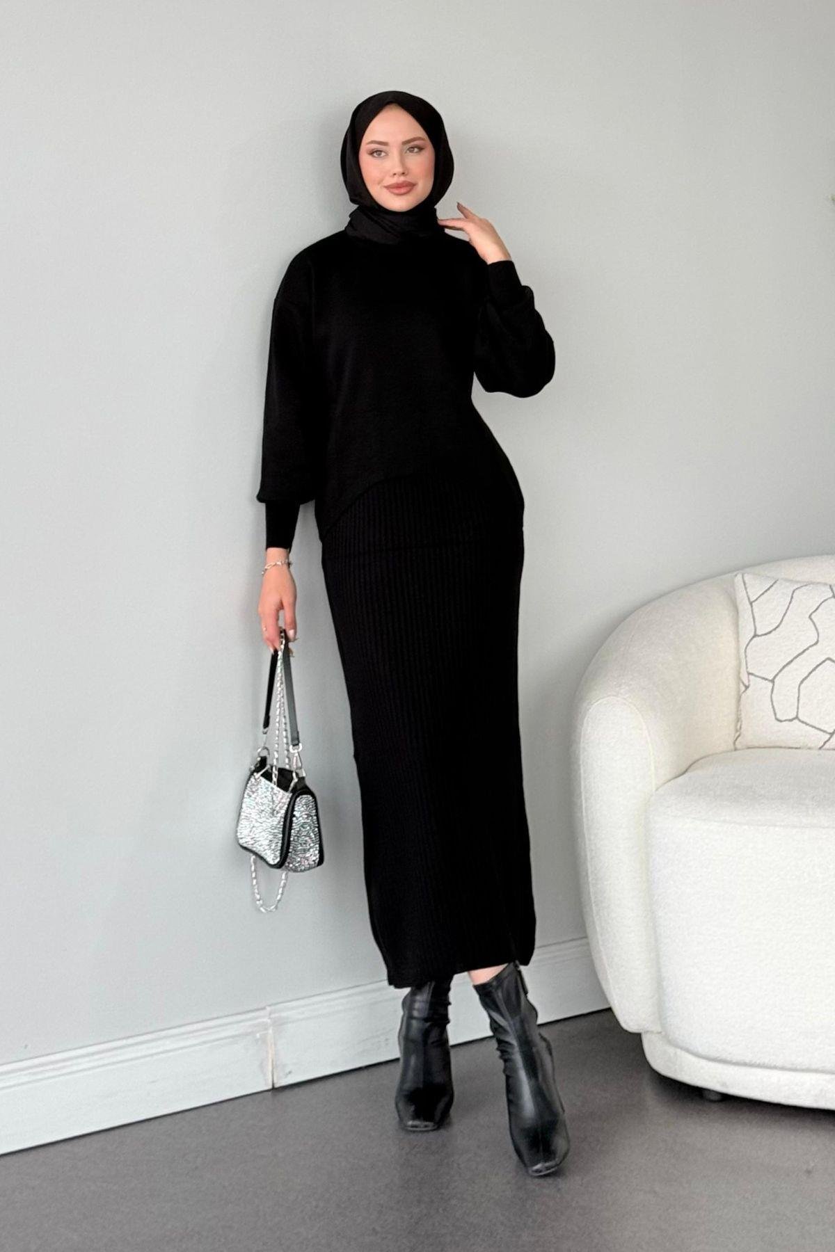 Asel Triko Elbise Siyah, Fiyatları Haza Moda | Tesettür Giyim | Asel Triko Elbise Siyah