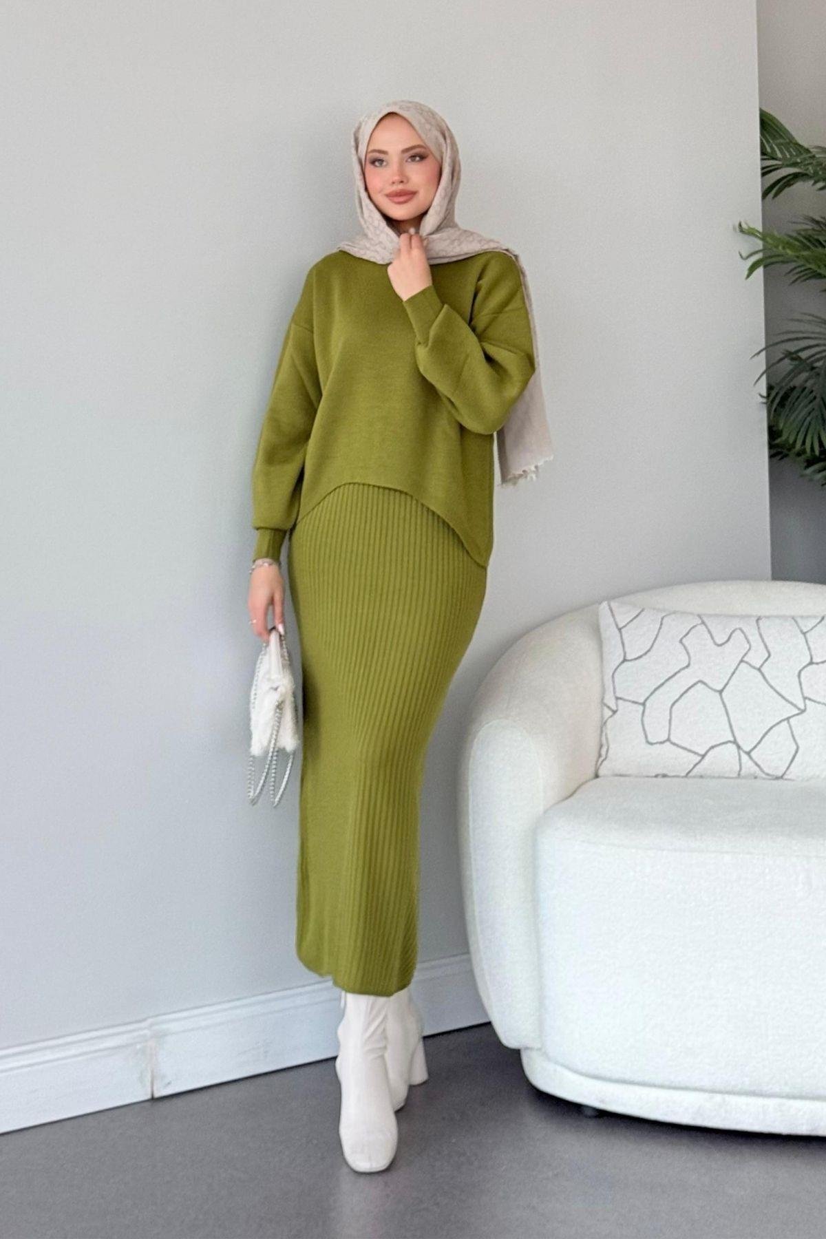 Asel Triko Elbise Yağyeşili, Fiyatları Haza Moda | Tesettür Giyim | Asel Triko Elbise Yağyeşili