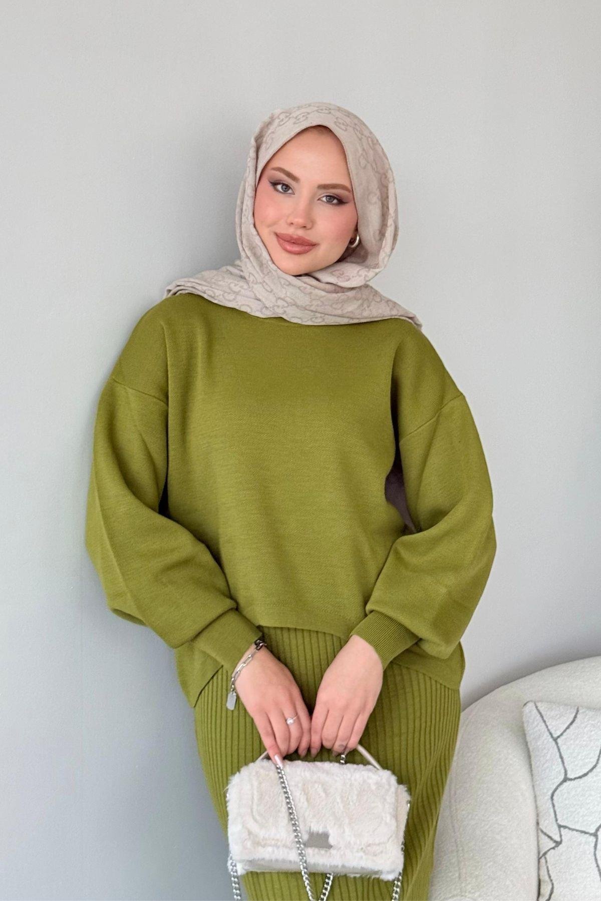 Asel Triko Elbise Yağyeşili, Fiyatları Haza Moda | Tesettür Giyim | Asel Triko Elbise Yağyeşili