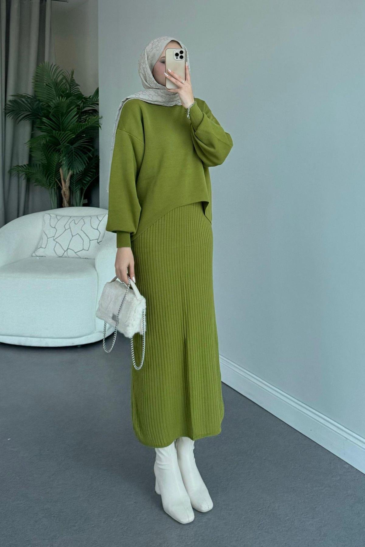 Asel Triko Elbise Yağyeşili, Fiyatları Haza Moda | Tesettür Giyim | Asel Triko Elbise Yağyeşili
