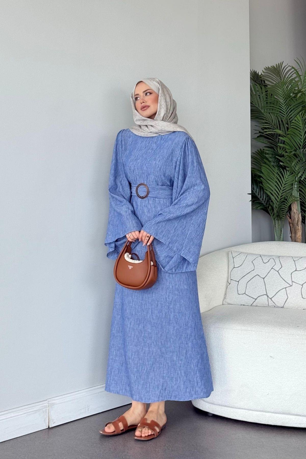Atina Keten Elbise Mavi, Fiyatları Atina Keten Elbise Mavi- Haza Moda