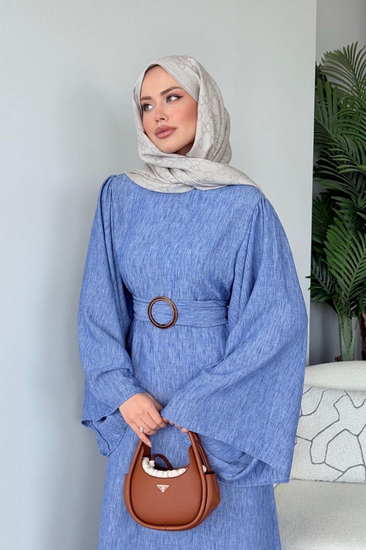 Atina Keten Elbise Mavi, Fiyatları Atina Keten Elbise Mavi- Haza Moda