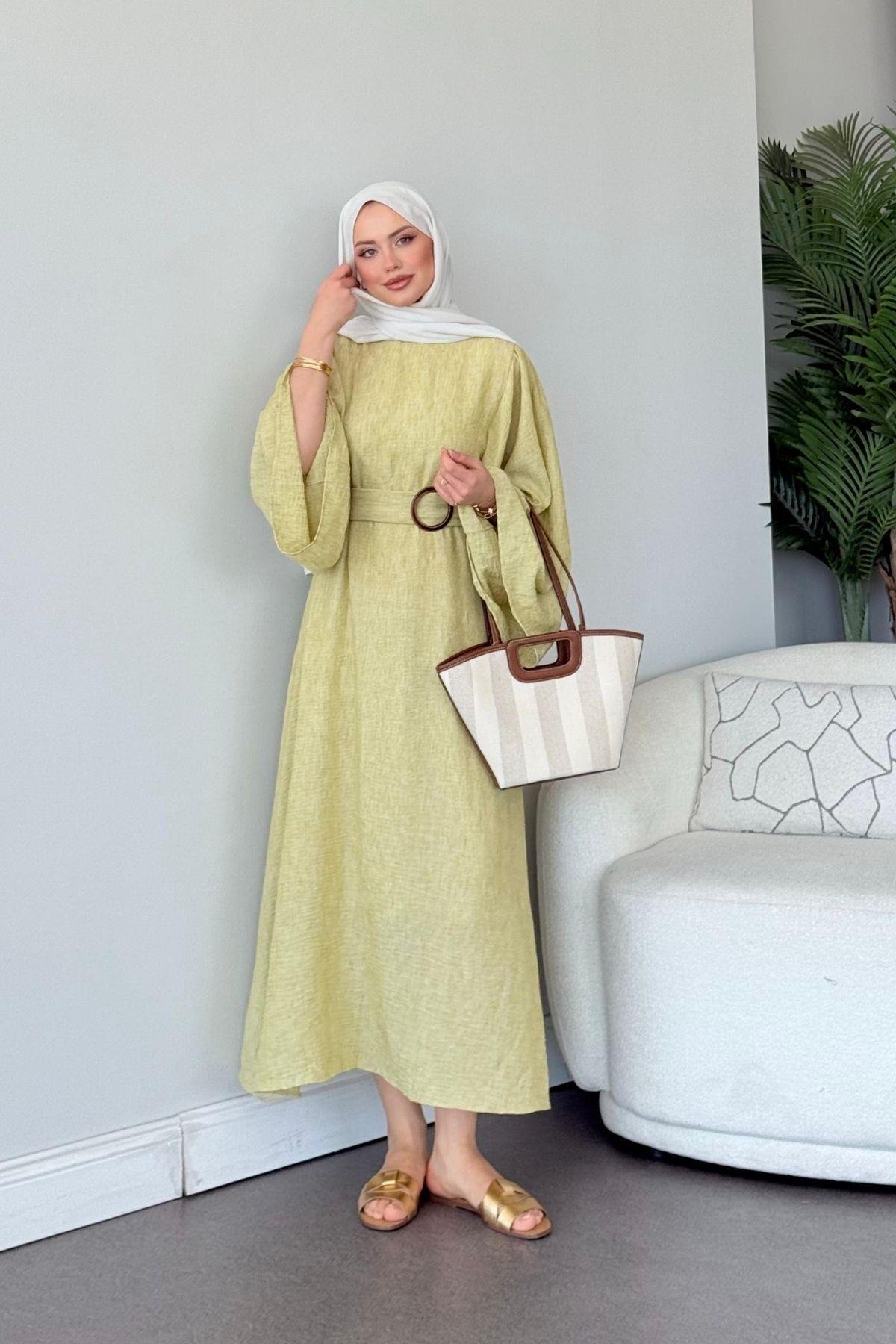 Atina Keten Elbise Sarı, Fiyatları Atina Keten Elbise Sarı - Haza Moda