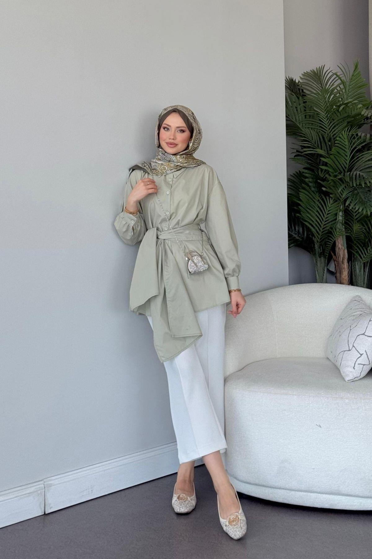 Awen Bağlamalı Gömlek Mint, Fiyatları Awen Bağlamalı Gömlek Mint Haza Moda 