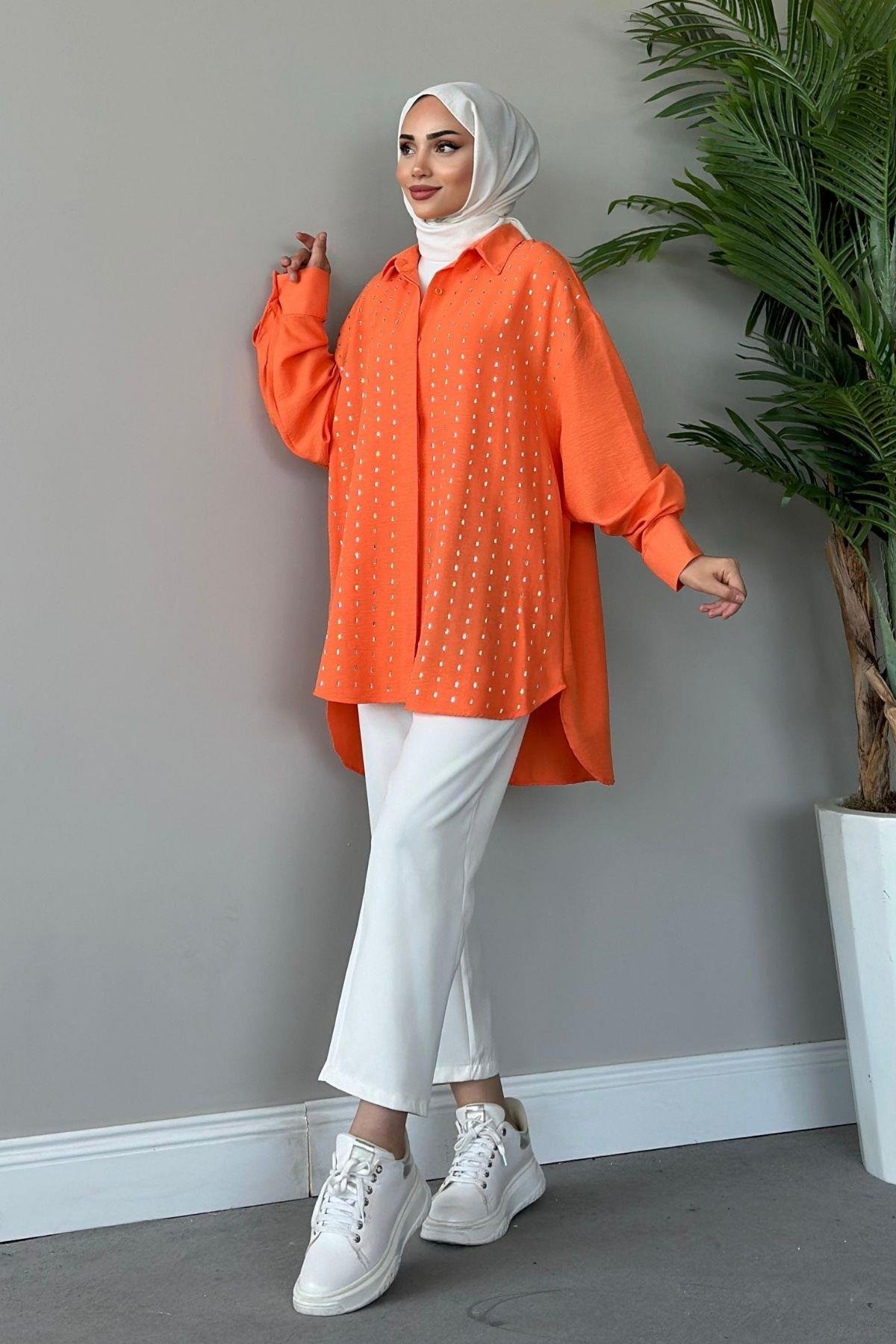 Baget Taşlı Tunik Turuncu, Fiyatları Haza Moda | Tesettür Giyim | Baget Taşlı Tunik Turuncu